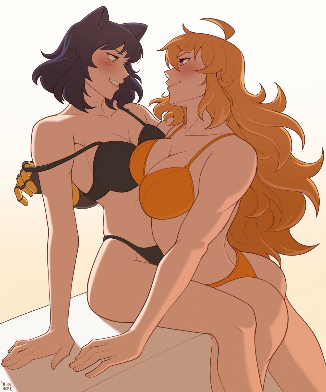 animal_ears ass black_bra black_hair black_panties blake_belladonna blonde_hair blush bra breasts cat_ears highres holding_strap long_hair looking_at_another orange_bra orange_panties panties prosthesis prosthetic_arm purple_eyes rwby short_hair thong underwear yang_xiao_long yellow_eyes yellow_nicky yuri