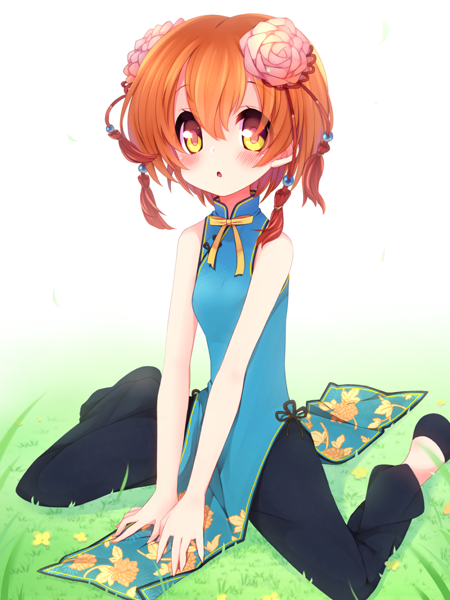 1girl :o bare_arms bare_shoulders black_footwear black_pants black_ribbon blue_dress blush bow bowtie carnation china_dress chinese_clothes collared_dress commentary_request dress eyelashes floral_print flower flower_knot full_body grass hair_flower hair_ornament high_collar highres hoshizora_rin looking_at_viewer love_live! no_socks orange_hair pants parted_lips pink_flower ribbon shoes short_hair sitting sleeveless sleeveless_dress solo tassel tassel_hair_ornament usamata waist_ribbon wariza white_background yellow_bow yellow_bowtie yellow_eyes yellow_flower