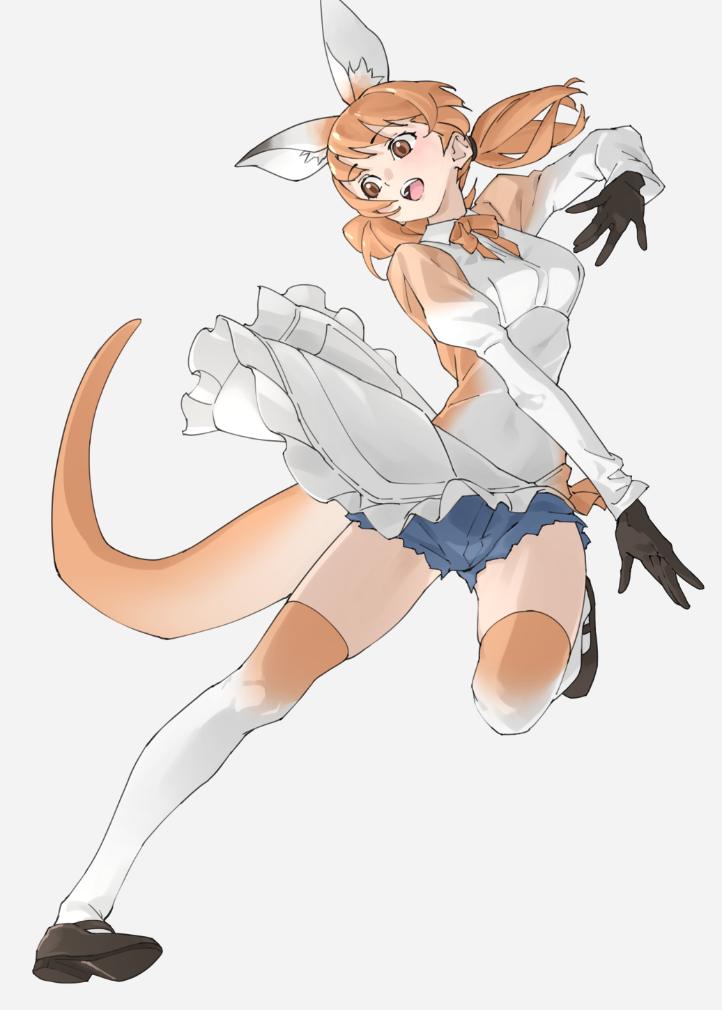 1girl :d animal_ear_fluff animal_ears apron black_gloves blue_shorts brown_eyes commentary cutoffs extra_ears frilled_apron frills full_body gloves grey_background highres juliet_sleeves kangaroo_girl kemono_friends long_hair long_sleeves low_twintails open_mouth orange_hair puffy_sleeves red_kangaroo_(kemono_friends) short_shorts shorts simple_background smile solo tail tanabe_(fueisei) thighhighs twintails waist_apron