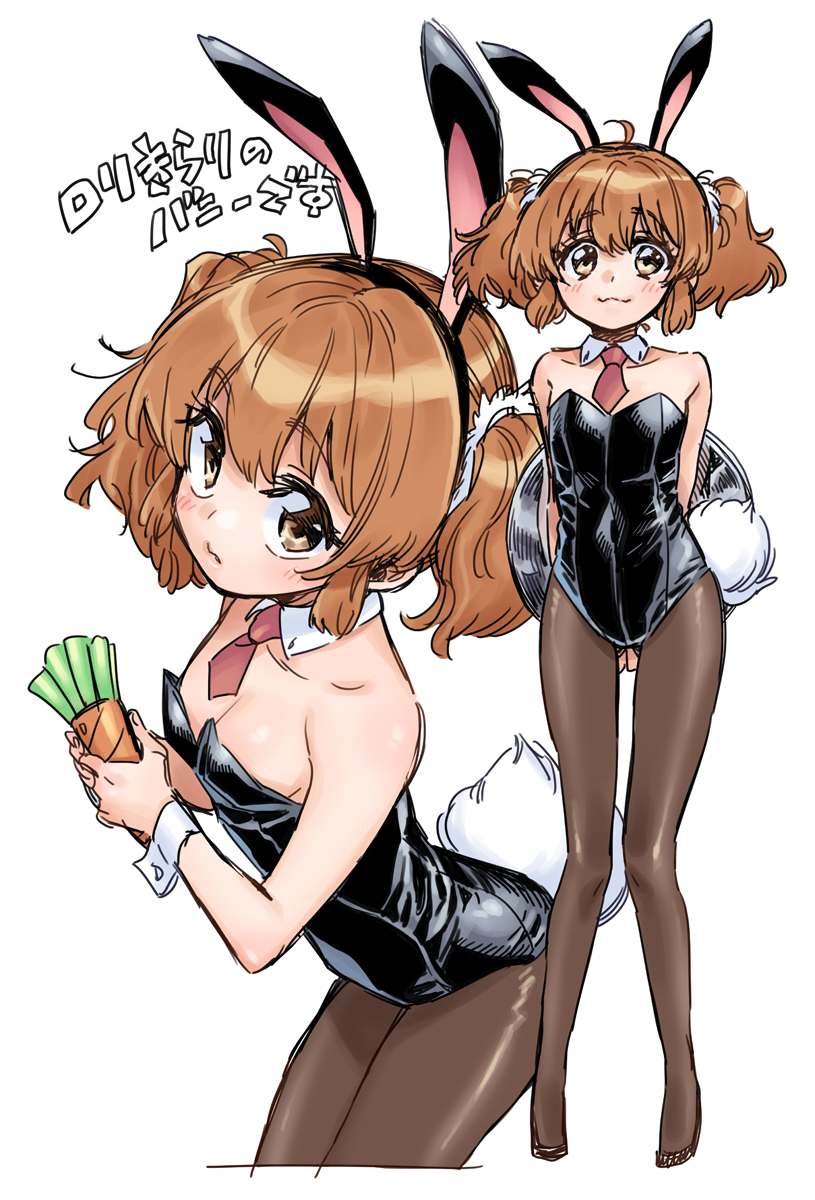 1girl aged_down animal_ear_hairband animal_ears arms_behind_back bare_shoulders black_leotard black_pantyhose blush breasts cleavage commentary_request cropped_legs detached_collar fake_animal_ears full_body hairband highres holding holding_tray idolmaster idolmaster_cinderella_girls leotard looking_at_viewer moroboshi_kirari multiple_views orange_hair oversized_breast_cup pantyhose playboy_bunny rabbit_ear_hairband rabbit_ears rabbit_tail simple_background sketch small_breasts strapless strapless_leotard tail takanashi_ringo translated tray twintails white_background wrist_cuffs