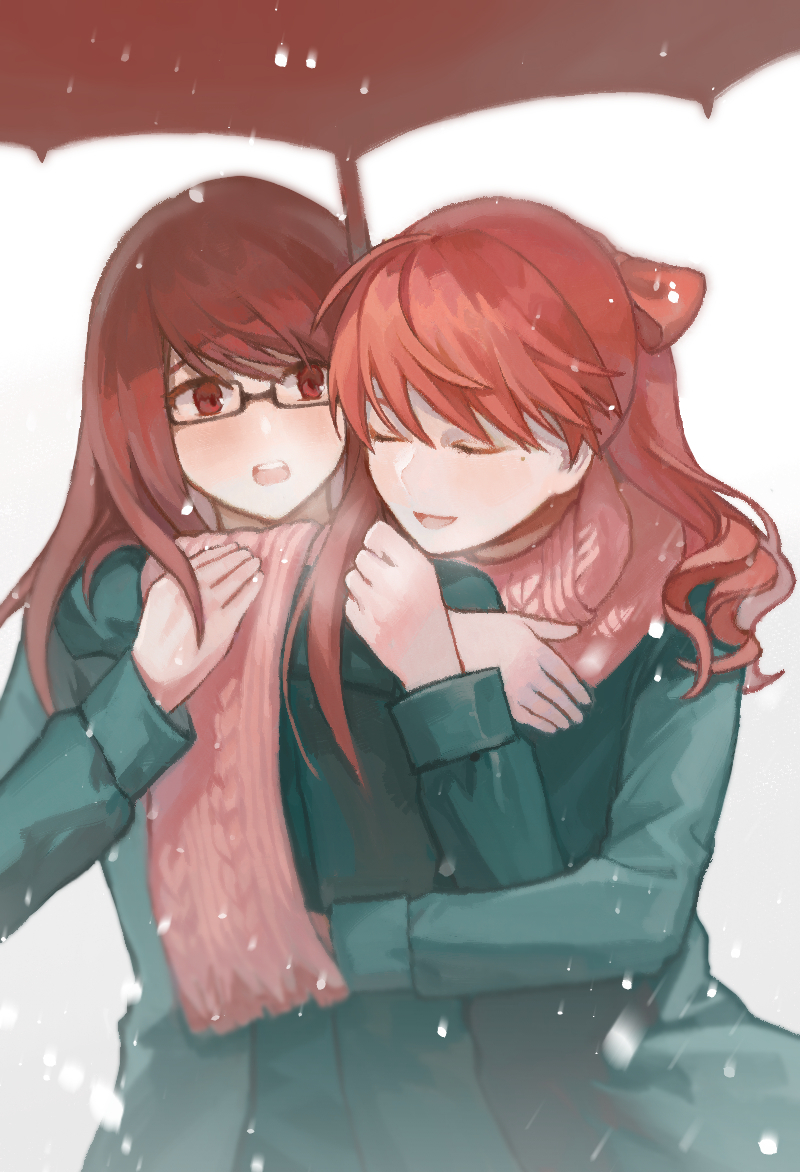 2girls :o bow breath closed_eyes coat glasses green_coat hair_bow holding holding_umbrella hug hug_from_behind long_hair long_sleeves looking_at_another mole mole_under_eye multiple_girls open_mouth persona persona_5 persona_5_the_royal pink_scarf ponytail rectangular_eyewear red_bow red_eyes red_hair scarf siblings simple_background sisters smile snowing teeth u_u umbrella upper_body upper_teeth_only user_onekestrel white_background yoshizawa_kasumi's_sister yoshizawa_sumire