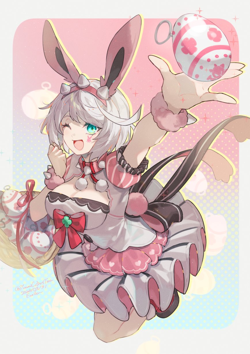 1girl ahoge animal_ears aqua_eyes bracelet breasts cleavage clover collar dress easter easter_egg egg elphelt_valentine four-leaf_clover guilty_gear guilty_gear_strive hairband highres huge_ahoge jewelry large_breasts looking_at_viewer one_eye_closed open_mouth pink_dress pink_hairband puffy_short_sleeves puffy_sleeves rabbit_ears rabbit_girl rabbit_tail short_hair short_sleeves smile spiked_bracelet spiked_collar spiked_hairband spikes tail two-tone_dress white_dress white_hair youmicitrustea