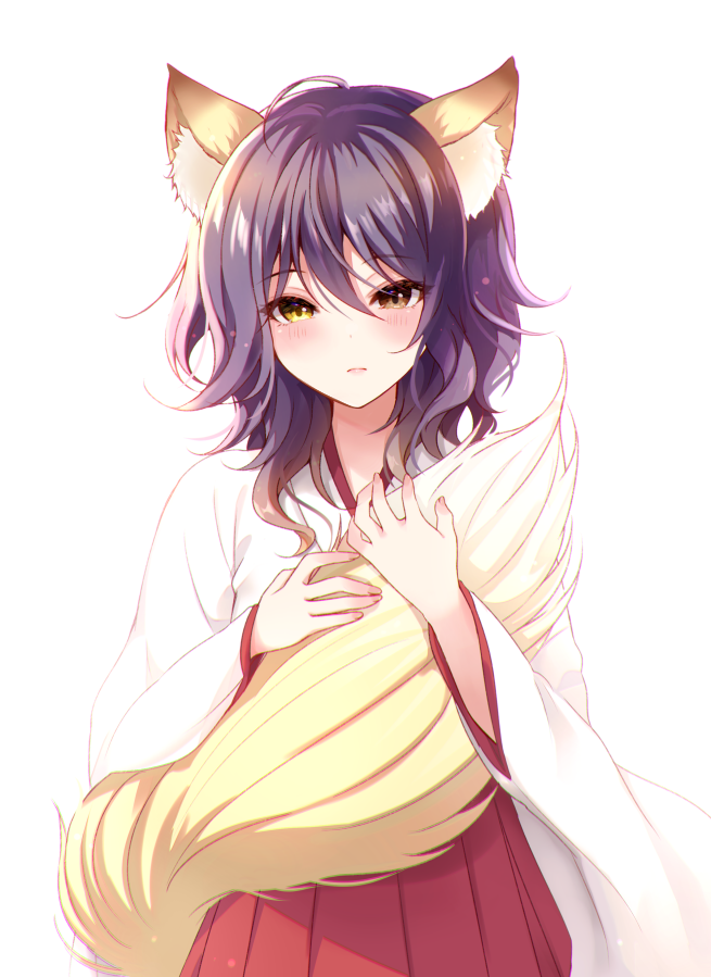 1girl alternate_costume animal_ears brown_eyes gina_(gnosia) gnosia hair_between_eyes heterochromia japanese_clothes long_sleeves medium_hair miko purple_hair rocomani smile solo tail upper_body wavy_hair yellow_eyes