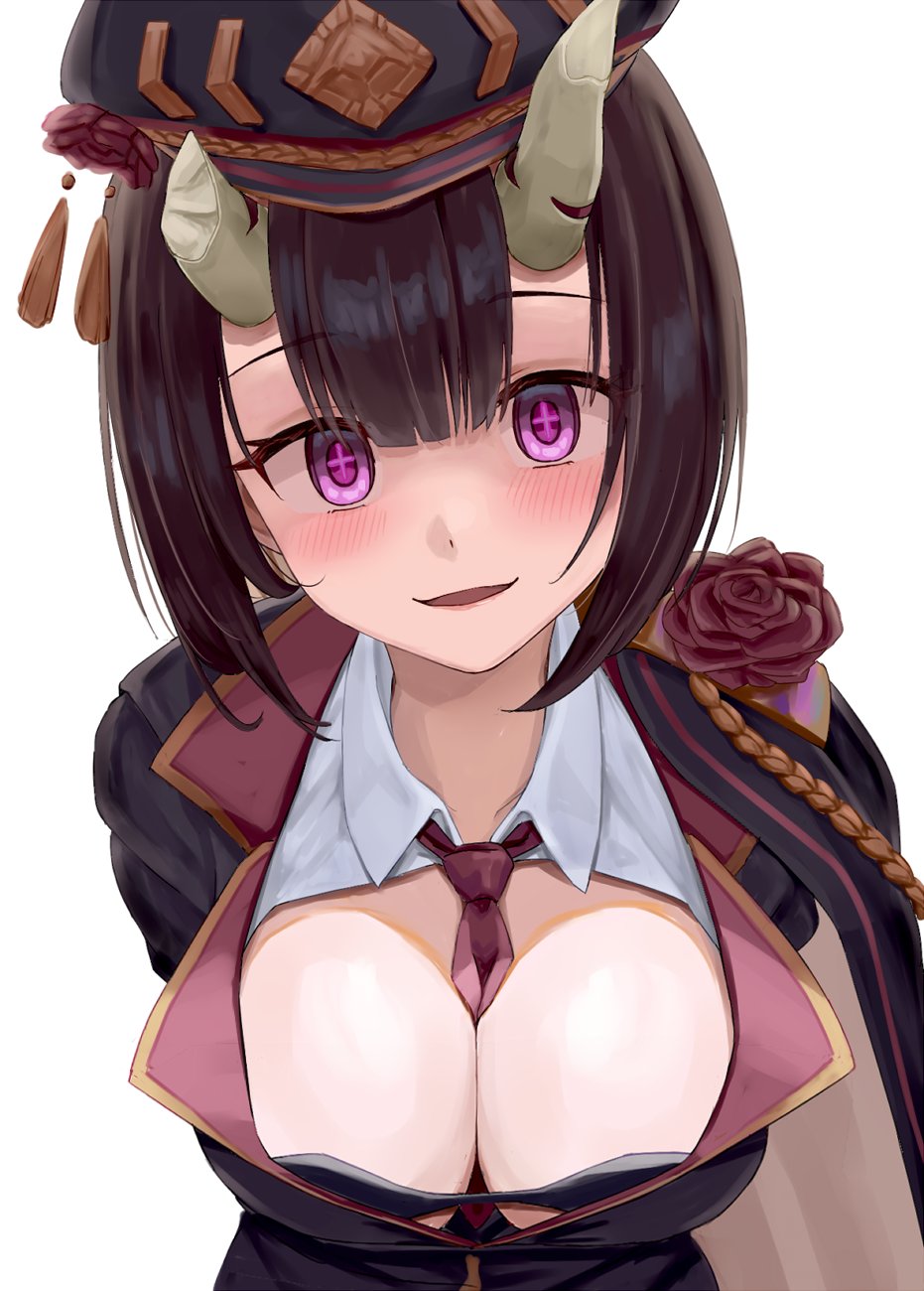 +_+ 1girl arms_behind_back between_breasts bikini bikini_top_only black_bikini black_hat black_jacket blunt_bangs blush bob_cut breasts broken_horn brown_hair cleavage collarbone crazy_smile demon_girl demon_horns dress_shirt eriko_(commander)_(princess_connect!) eriko_(princess_connect!) flower flower_on_shoulder hat hat_flower highres horns inverted_bob jacket large_breasts leaning_forward looking_at_viewer military_hat necktie necktie_between_breasts official_alternate_costume partially_unbuttoned princess_connect! purple_eyes px-tea red_flower red_necktie red_rose rose shaded_face shirt short_hair simple_background single_shoulder_pad smile solo swimsuit white_background white_shirt yandere