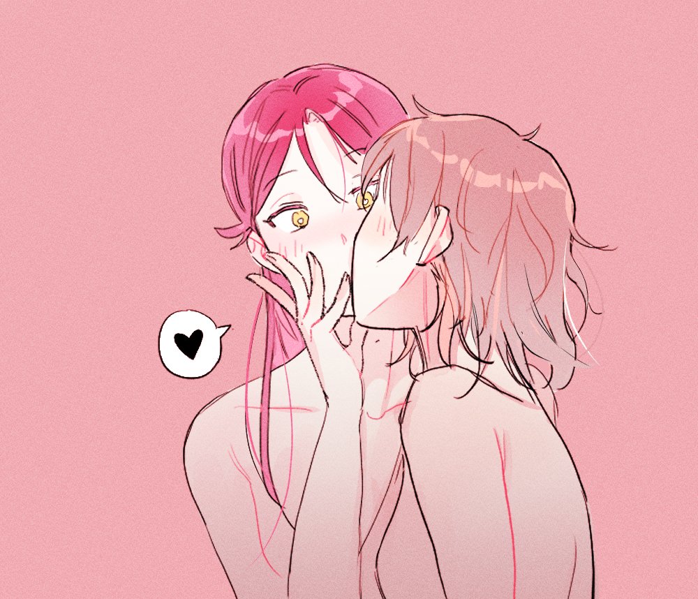 2girls blush breasts grey_hair hand_on_another's_face heart kiss long_hair looking_at_another love_live! love_live!_sunshine!! medium_hair multiple_girls mumuir0315 nude pink_background red_hair sakurauchi_riko simple_background small_breasts spoken_heart upper_body watanabe_you yellow_eyes yuri