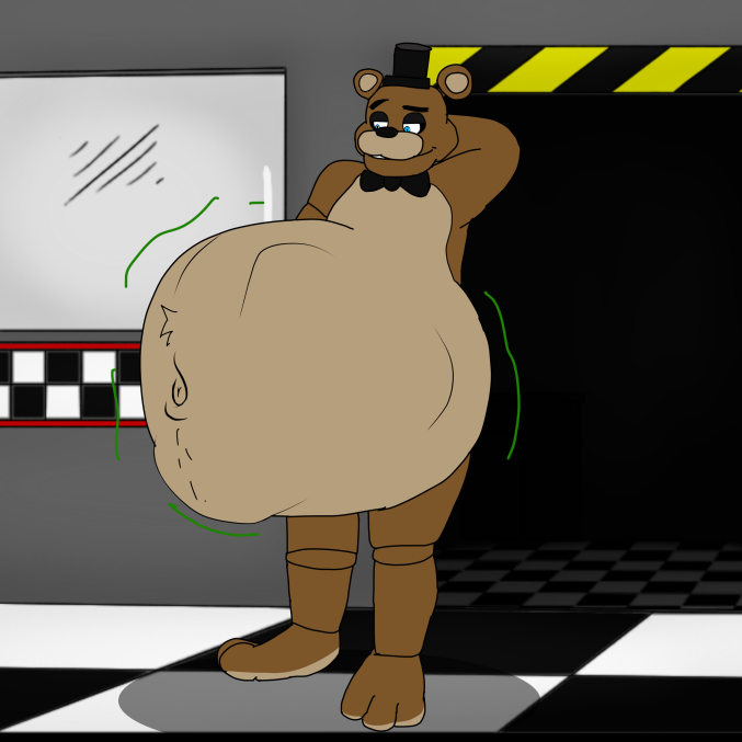abdominal_bulge alejo_garci animatronic anthro bear belly belly_fur big_belly body_hair bulge five_nights_at_freddy's freddy_(fnaf) fur hand_behind_back hand_behind_head happy machine male male_pred mammal navel navel_outline robot satisfied satisfied_look scottgames smile smiley_face solo standing unseen_prey vore