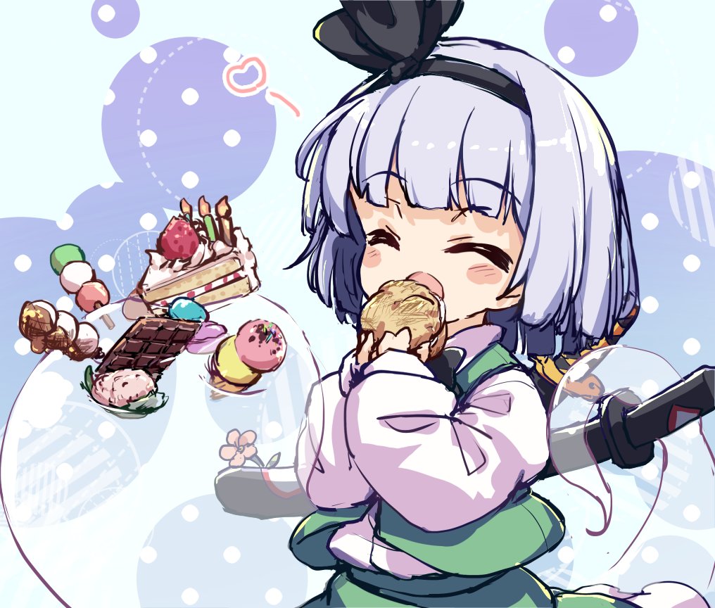 1girl black_hairband blue_background closed_eyes food ghost green_vest grey_hair hairband holding holding_food isu_(is88) konpaku_youmu konpaku_youmu_(ghost) long_sleeves shirt short_hair solo sword sword_behind_back touhou upper_body vest weapon white_shirt youmu_day