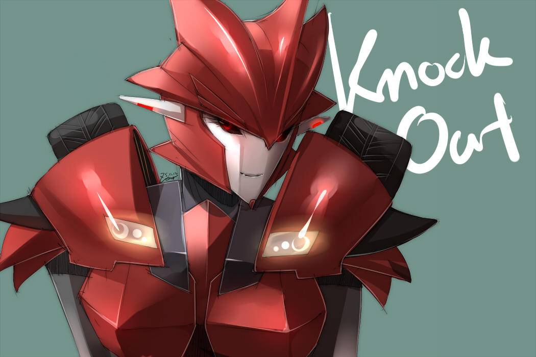 1girl armor breasts genderswap helmet humanoid_robot knockout_(transformers) medium_breasts no_humans pointy_ears red_eyes robot robot_girl shoulder_armor solo transformers transformers_prime upper_body zoner