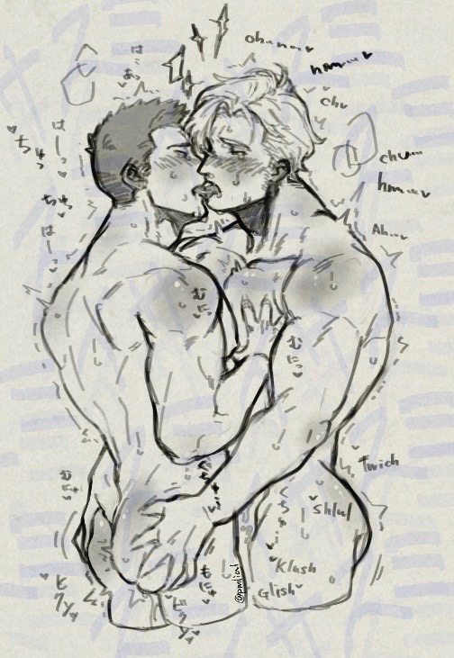 2boys ao_isami ass_grab blush completely_nude couple cropped_legs eye_contact facial_hair french_kiss glaze_artifacts grabbing grabbing_another's_ass groping kiss lewis_smith looking_at_another male_focus multiple_boys nude pectoral_grab pmlial sideburns_stubble stubble sweat thick_eyebrows translation_request trembling yaoi yuuki_bakuhatsu_bang_bravern
