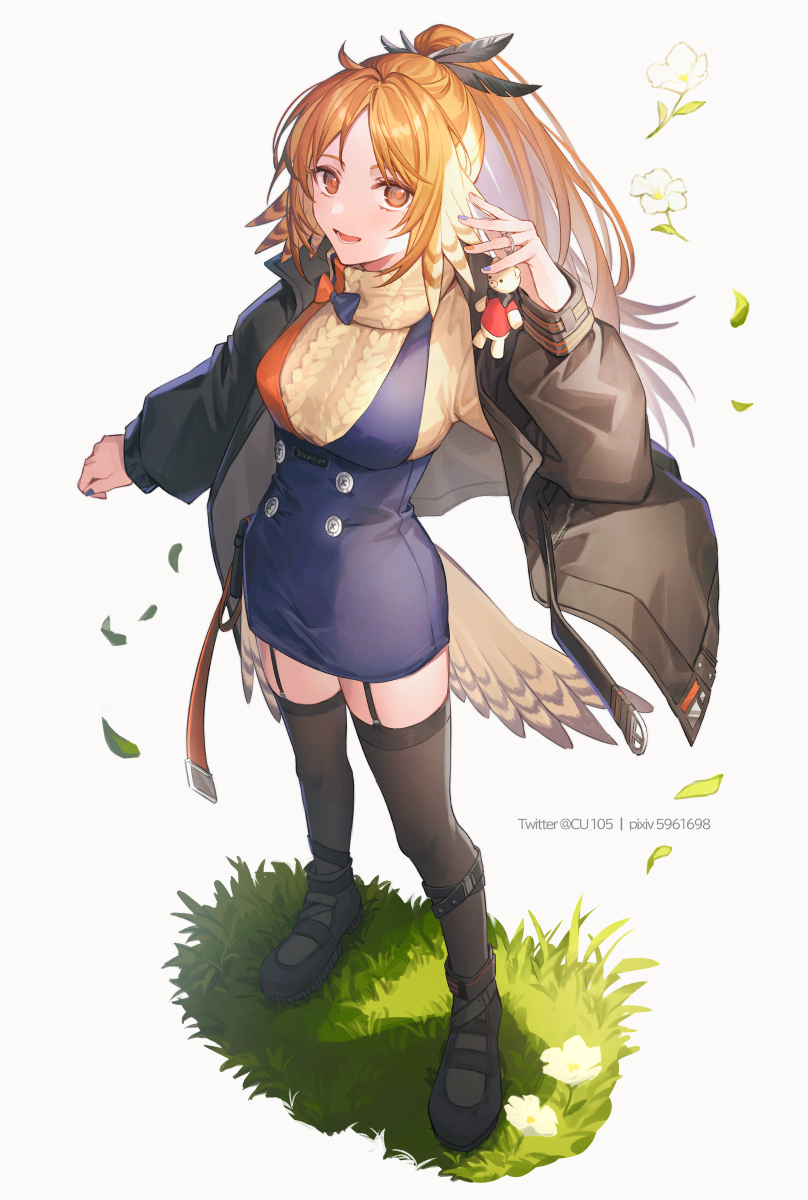 1girl aran_sweater arknights bird_tail black_footwear black_jacket black_thighhighs blue_nails blue_skirt breasts buttons cable_knit coyucom feather_hair feather_hair_ornament feathers flower full_body garter_straps grass hair_ornament highres jacket long_hair looking_at_viewer medium_breasts mole mole_under_eye multicolored_nails open_clothes open_jacket orange_eyes orange_hair orange_nails pinecone_(arknights) pixiv_id ponytail revision shoes simple_background skirt solo standing suspender_skirt suspenders sweater tail thighhighs twitter_username white_background white_flower