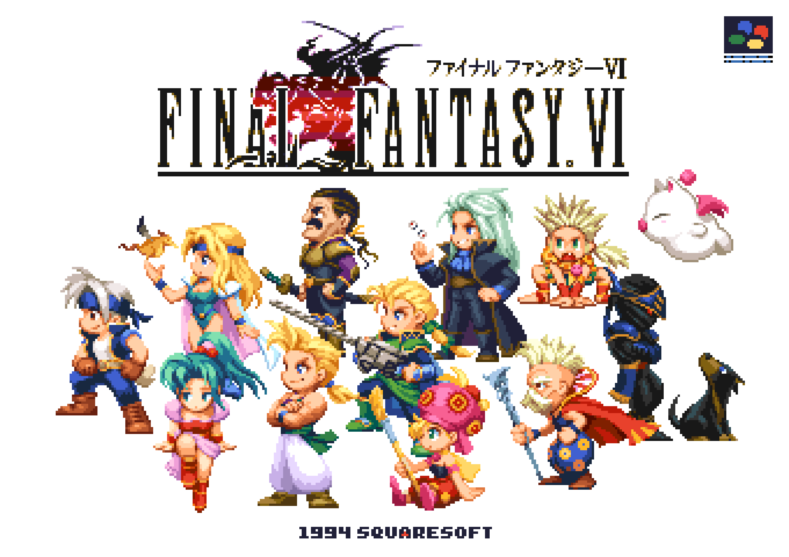 armor bird black_dog celes_chere collage cyan_garamonde dog edgar_roni_figaro final_fantasy final_fantasy_vi game_console gau gun headband highres holding holding_staff locke_cole long_hair machine_gun mask mog moogle multiple_boys multiple_girls pixel_art pixelflag ponytail relm_arrowny sabin_rene_figaro setzer_gabbiani shadow_(ff6) shoulder_armor staff strago_magus super_nintendo terra_branford weapon