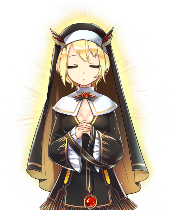 1girl alice_(master_of_eternity) black_dress blonde_hair breasts cleavage cleavage_cutout closed_eyes closed_mouth clothing_cutout cowboy_shot dot_nose dress game_cg gem glowing habit hat_ornament long_sleeves master_of_eternity medium_breasts non-web_source nun official_art own_hands_clasped own_hands_together red_brooch red_gemstone short_dress short_hair simple_background solo straight-on transparent_background