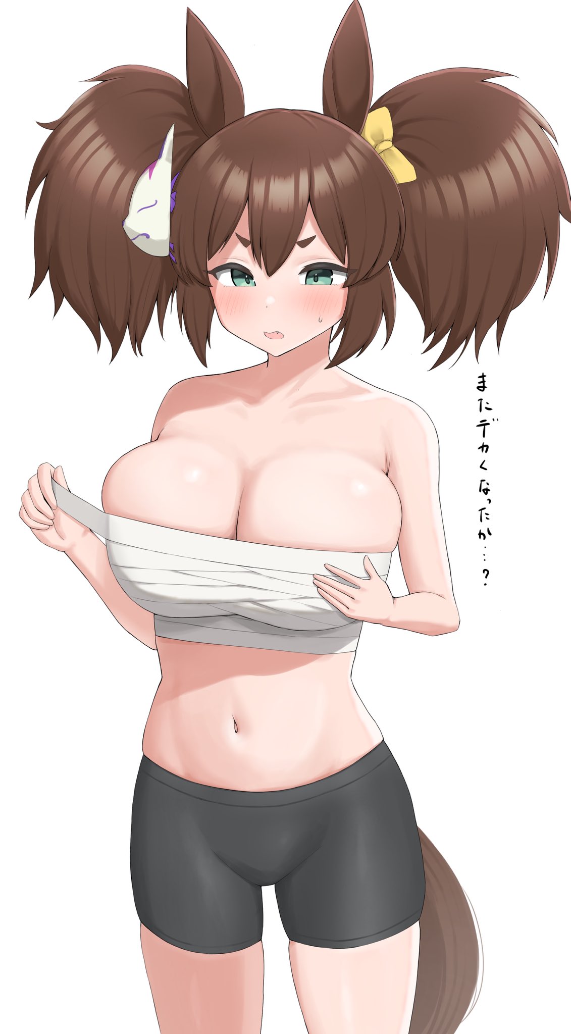 1girl animal_ears bare_shoulders bike_shorts blush breasts brown_hair chest_sarashi cleavage commentary_request cowboy_shot ear_ornament green_eyes hair_between_eyes highres horse_ears horse_girl horse_tail inari_one_(umamusume) large_breasts midriff navel open_mouth sarashi simple_background solo sukenoha sweat tail thick_eyebrows translation_request twintails umamusume white_background