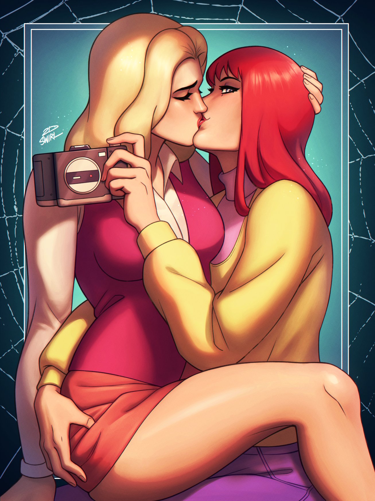 2dswirl 2girls ass_grab blonde_hair blue_eyes camera closed_eyes felicia_hardy highres holding holding_camera holding_head kiss long_hair looking_at_viewer marvel mary_jane_watson multiple_girls pink_sweater_vest red_hair sitting sitting_on_lap sitting_on_person skirt spider-man:_the_animated_series spider-man_(series) sweater sweater_vest thighs yellow_sweater yuri