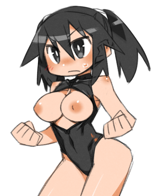 1girl black_eyes black_hair black_leotard blush breasts breasts_out cannsk cleavage_cutout clenched_hands clothing_cutout commentary_request cowboy_shot ears_visible_through_hair kurogane_arumi large_breasts leotard light_frown nipples original solo sweatdrop twintails