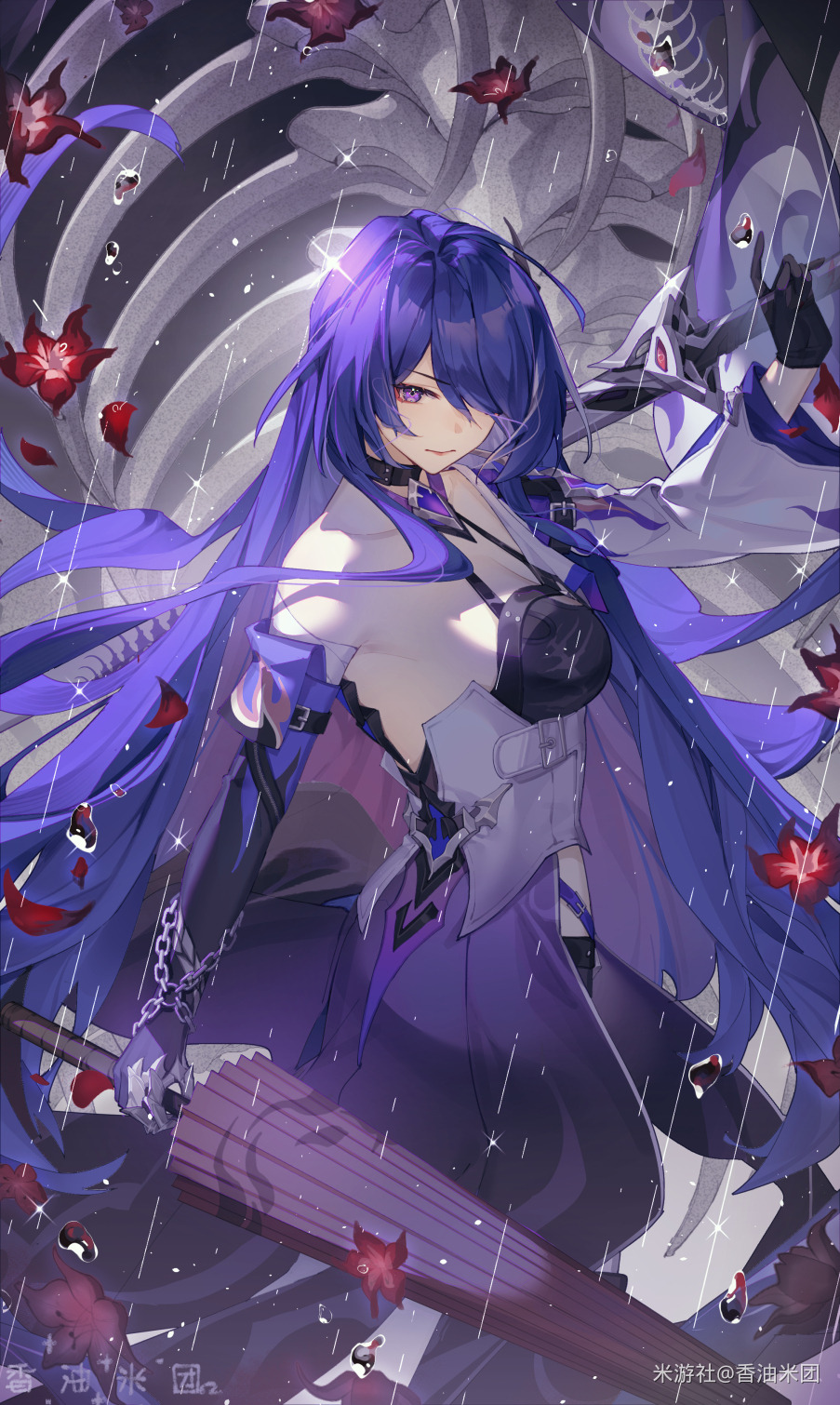 1girl acheron_(honkai:_star_rail) arm_up bandaged_arm bandages black_choker black_gloves black_shorts bone chain choker coat coattails detached_sleeves flower gloves hair_over_one_eye highres holding holding_umbrella honkai:_star_rail honkai_(series) long_hair midriff multicolored_hair oil-paper_umbrella purple_eyes purple_hair rain red_flower scabbard sheath sheathed short_shorts shorts single_bare_shoulder skeleton solo stomach streaked_hair sword umbrella water_drop weapon white_coat xiangyou_mi_tuan