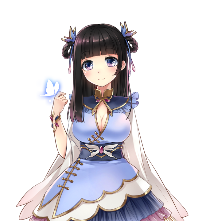 1girl black_hair blue_dress blue_sash blunt_bangs bracelet breasts bug butterfly china_dress chinese_clothes cleavage cleavage_cutout closed_mouth clothing_cutout cowboy_shot dot_nose dress game_cg hair_ornament hair_rings hand_up jewelry large_breasts long_sleeves looking_at_viewer master_of_eternity medium_hair nana_(master_of_eternity) non-web_source official_art purple_eyes sash simple_background smile solo straight-on straight_hair transparent_background