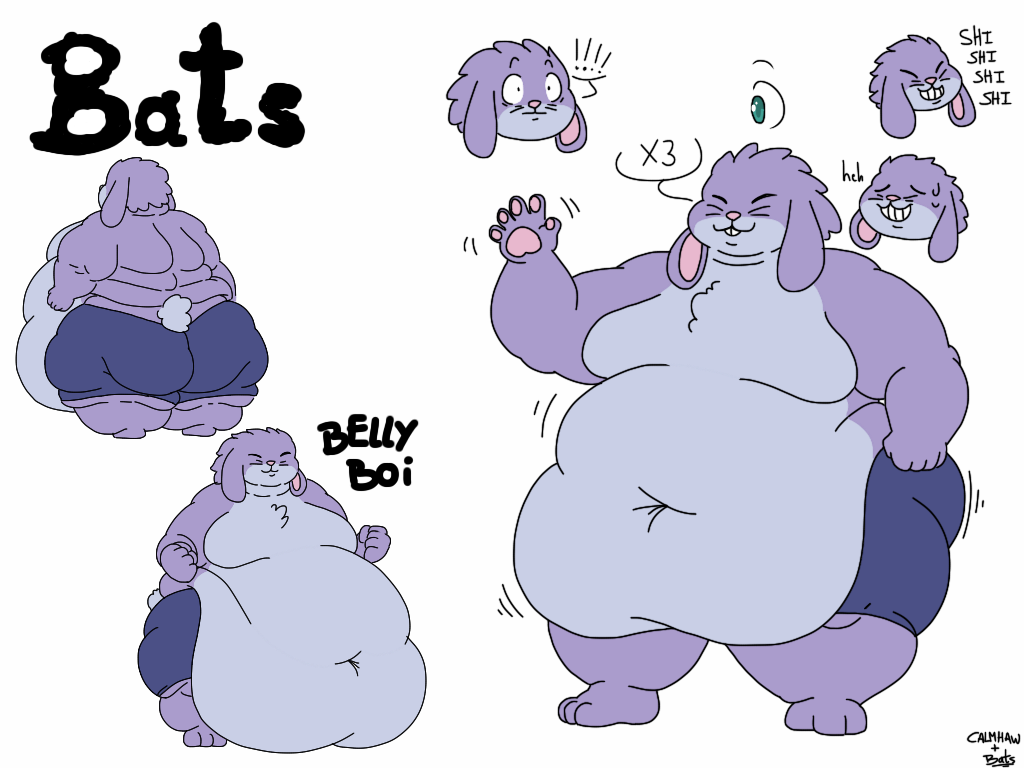2018 3_toes 5_fingers anthro back_rolls barefoot bats_(batspid2) batspid2 belly big_belly big_butt big_moobs biped black_eyebrows blue_eyes bodily_fluids bottomwear boxers_(clothing) buckteeth butt character_name chest_tuft clothed clothing digital_drawing_(artwork) digital_media_(artwork) double_chin embarrassed english_text exclamation_point eyebrows eyes_closed featureless_moobs feet fingers flabby_arms flat_colors floppy_ears front_view fur glistening glistening_eyes grey_body grey_fur huge_belly huge_thighs lagomorph laugh leporid lop_ears male mammal model_sheet moobs motion_lines multicolored_body multicolored_fur multiple_images navel obese obese_anthro obese_male overweight overweight_anthro overweight_male pawpads pink_eyes pink_pawpads purple_body purple_bottomwear purple_clothing purple_fur rabbit rear_view scut_tail short_tail signature simple_background smile solo standing surprised_expression sweat sweatdrop tail teeth text thick_thighs three-quarter_view toes topless topless_anthro topless_male tuft two_tone_body two_tone_fur underwear white_background x3