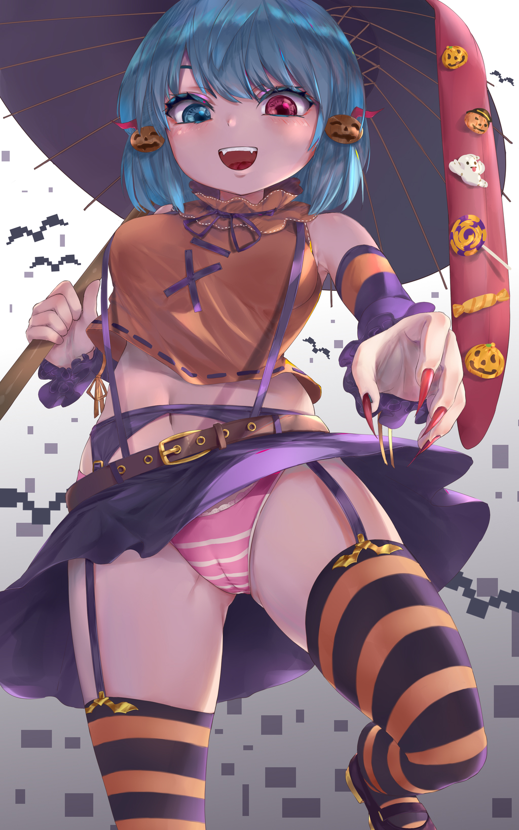 1girl :d ass_visible_through_thighs bare_shoulders bat belt black_footwear blue_eyes blue_hair blush breasts cameltoe candy crop_top denpajin-ryuushi detached_sleeves eyebrows_behind_hair fangs fingernails food food_themed_hair_ornament foot_out_of_frame from_below garter_straps gold_trim gradient gradient_background hair_ornament halloween heterochromia highres holding holding_umbrella jack-o'-lantern jack-o'-lantern_ornament karakasa_obake long_fingernails looking_down makeup medium_breasts midriff navel neck_ribbon open_mouth orange_shirt oriental_umbrella outstretched_arm panties pixelated pumpkin_hair_ornament purple_ribbon purple_skirt reaching_out red_eyes red_nails ribbon sharp_fingernails shirt short_hair simple_background skirt sleeveless sleeveless_shirt smile solo striped striped_legwear striped_panties tatara_kogasa tongue touhou two-tone_legwear umbrella underwear upskirt white_background