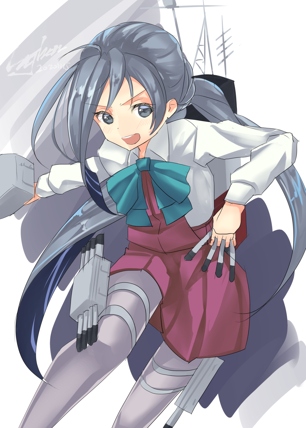 1girl ahoge bow bowtie commentary_request cowboy_shot dress grey_eyes grey_hair grey_legwear hair_between_eyes hair_bun halterneck highres kantai_collection kiyoshimo_(kantai_collection) lajhen2651 long_hair low_twintails machinery pantyhose shirt simple_background solo torpedo twintails very_long_hair white_background white_shirt