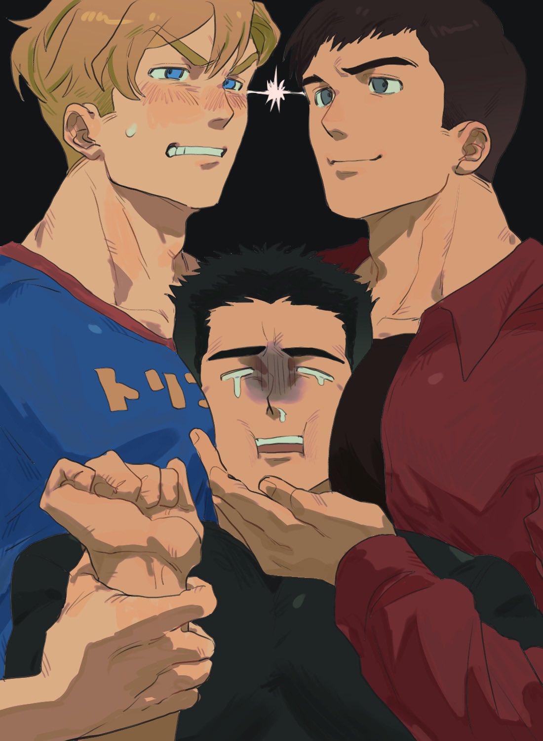 3boys ao_isami between_pectorals black_hair blank_eyes blonde_hair blush boy_sandwich cheek_press clenched_teeth eye_contact facial_hair frown glaring grabbing_another's_arm hand_on_another's_cheek hand_on_another's_face head_between_pecs highres large_pectorals lewis_smith lightning_glare looking_at_another love_triangle male_focus multiple_boys pectorals runny_nose ryuji_satake sandwiched sideburns_stubble smug snot stubble tearing_up teeth thick_eyebrows yaoi yarou_first yuuki_bakuhatsu_bang_bravern