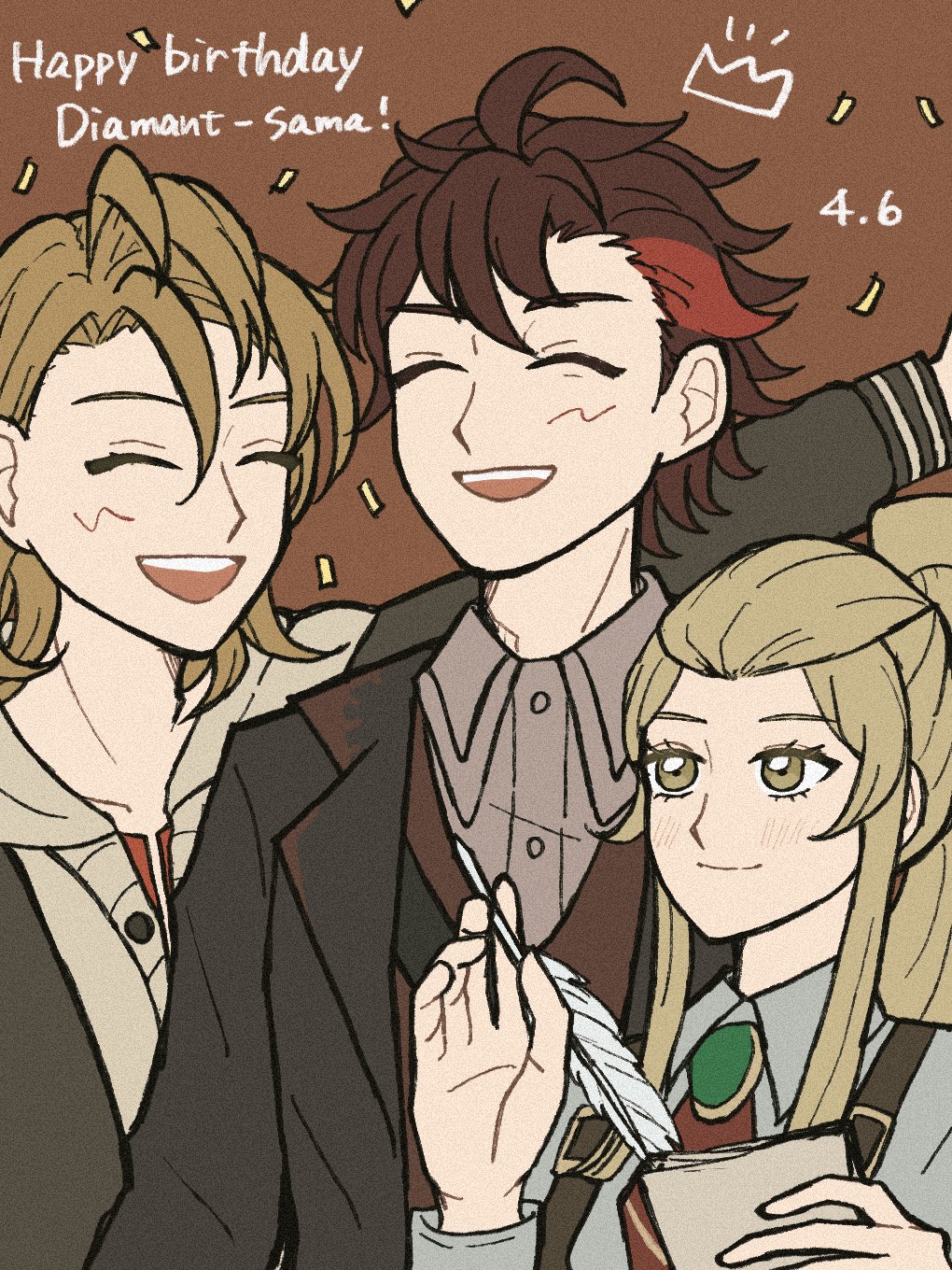 1girl 2boys amber_(fire_emblem) blonde_hair character_name closed_eyes dated diamant_(fire_emblem) fire_emblem happy_birthday high_ponytail highres holding holding_quill jade_(fire_emblem) lirara_0 multiple_boys quill red_hair sidelocks yellow_eyes