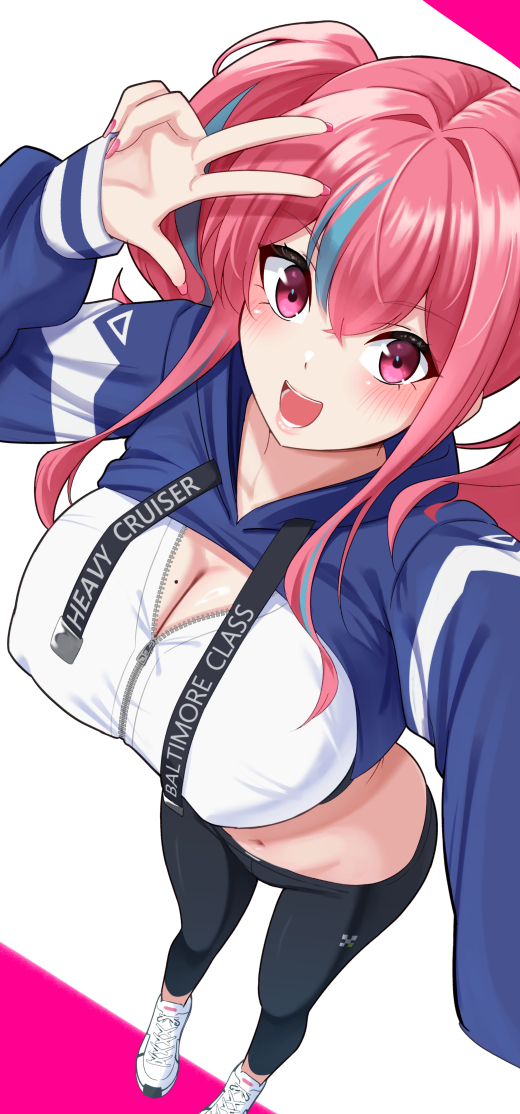 1girl alternate_costume aqua_hair azur_lane black_pants blue_jacket blush breasts bremerton_(azur_lane) cleavage collarbone commentary_request covered_nipples fingernails from_above hair_between_eyes hair_intakes huge_breasts jacket long_hair long_sleeves looking_at_viewer midriff mole mole_on_breast multicolored_hair nail_polish nanohana_(november.) navel open_mouth pants partial_commentary pink_background pink_eyes pink_lips pink_nails reaching reaching_towards_viewer red_hair shirt shoes shrug_(clothing) simple_background sleeves_past_wrists smile sneakers solo stomach streaked_hair teeth thighs twintails two-tone_background two-tone_hair w white_background white_footwear white_shirt yoga_pants zipper zipper_pull_tab