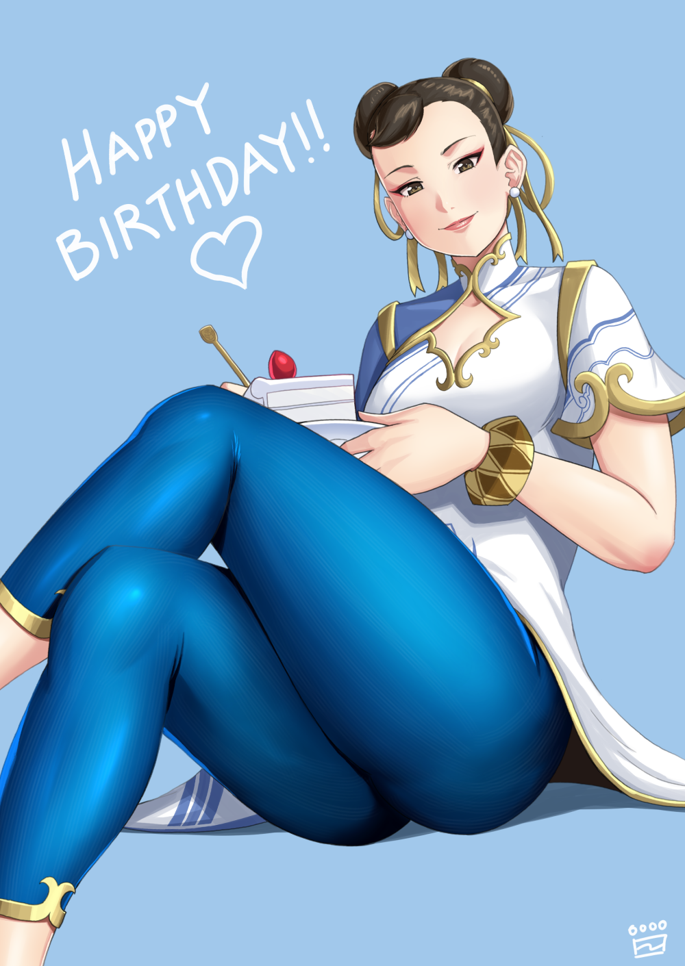 1girl black_hair blue_background blue_leggings breasts cake cake_slice china_dress chinese_clothes chun-li cleavage_cutout clothing_cutout commentary_request crossed_legs double_bun dress earrings feet_out_of_frame finalcake food fork hair_bun hair_ribbon happy_birthday highres holding holding_fork jewelry leggings mature_female medium_breasts ribbon short_hair sitting solo street_fighter street_fighter_6 stud_earrings thick_thighs thighs