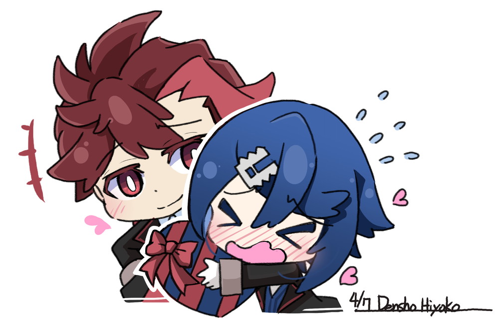 &gt;_&lt; 2boys alcryst_(fire_emblem) artist_name black_jacket blue_hair box bright_pupils brothers chibi closed_mouth dated diamant_(fire_emblem) fire_emblem fire_emblem_engage flying_sweatdrops gift gift_box gloves hair_ornament hairclip heart holding holding_gift jacket long_sleeves male_focus multiple_boys open_mouth red_eyes red_hair ryoto_soukyuu siblings simple_background smile wavy_mouth white_background white_gloves white_pupils
