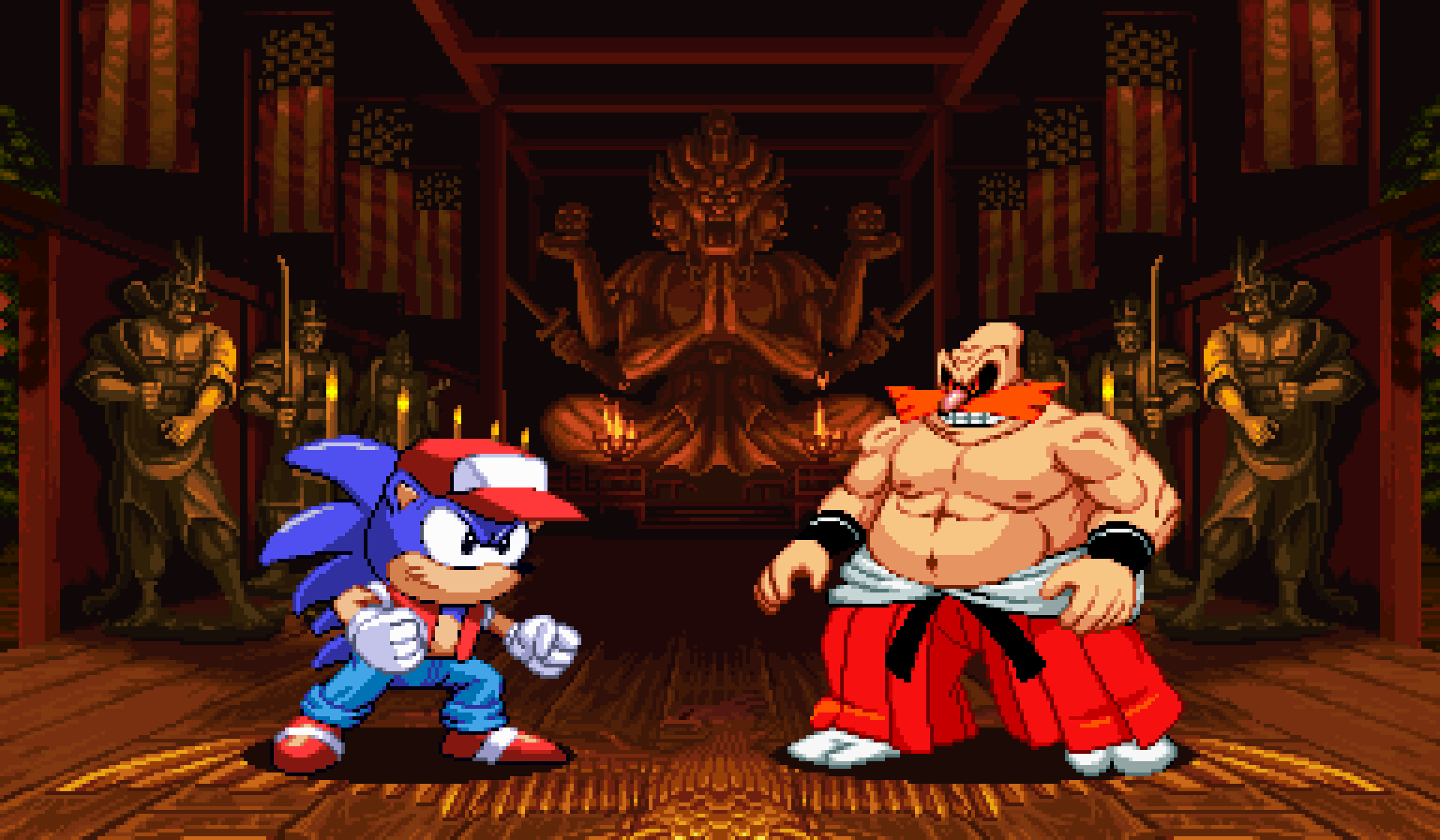 2boys baseball_cap cosplay dr._eggman facial_hair fatal_fury geese_howard geese_howard_(cosplay) hakama hat highres japanese_clothes multiple_boys mustache nakamanga pixel_art sonic_(series) sonic_the_hedgehog terry_bogard terry_bogard_(cosplay)