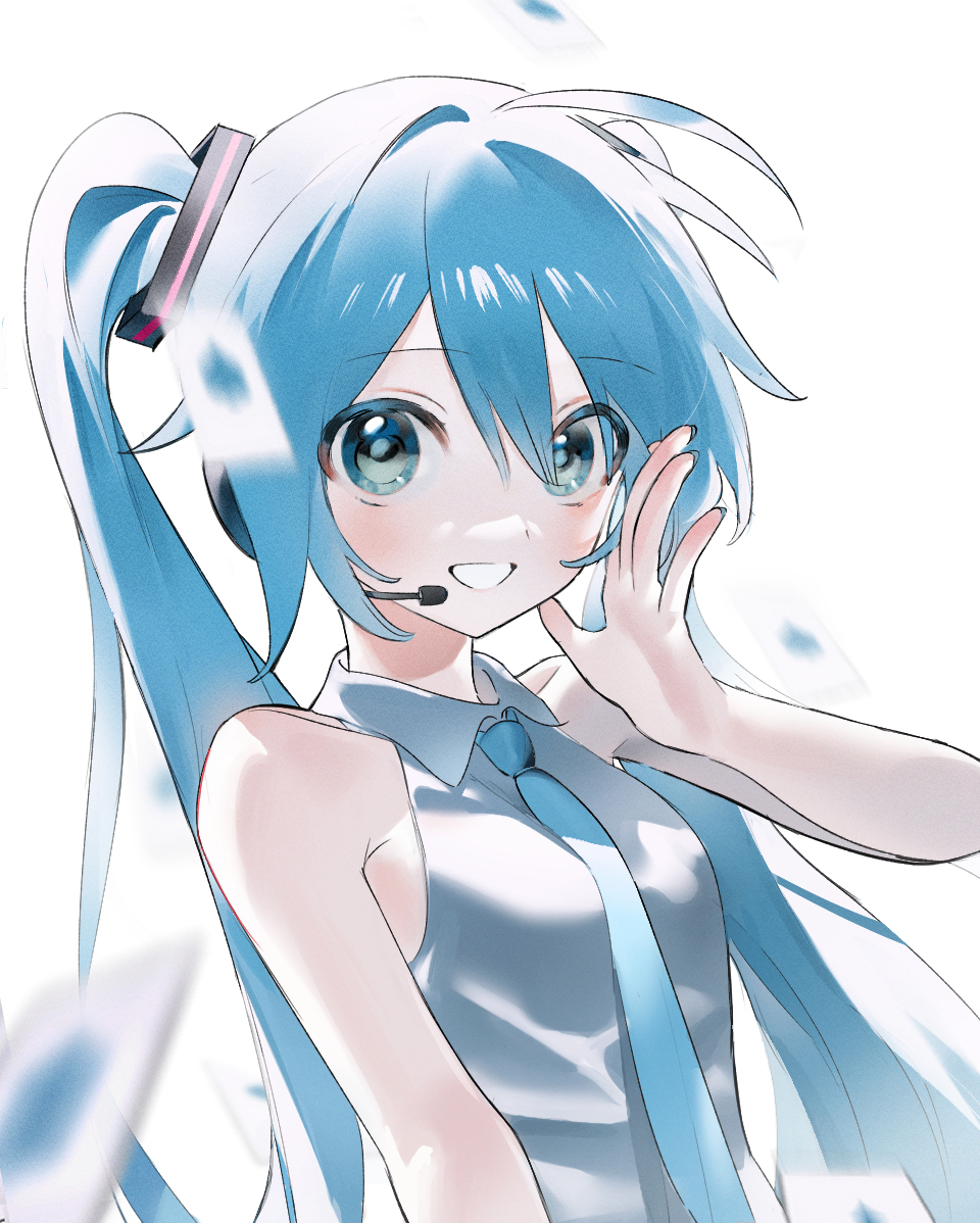 1girl ahoge aqua_necktie armpit_crease bare_shoulders blue_eyes blue_hair blue_nails blurry blurry_foreground blush card collarbone collared_shirt fingernails hair_between_eyes hand_up hatsune_miku headset long_fingernails long_hair looking_at_viewer necktie playing_card shirt sil435 sleeveless sleeveless_shirt solo twintails upper_body vocaloid white_background white_shirt