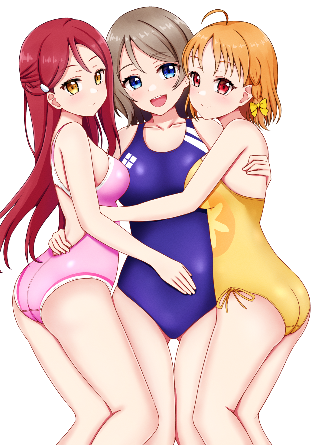 3girls ahoge ass asymmetrical_docking blue_eyes blue_one-piece_swimsuit braid breast_press breasts brown_hair clover_hair_ornament competition_swimsuit cowboy_shot hair_ornament highres hug large_breasts long_hair love_live! love_live!_sunshine!! lying medium_breasts multiple_girls one-piece_swimsuit open_mouth pink_one-piece_swimsuit red_hair ribbon sakurauchi_riko short_hair side-tie_swimsuit side_braid sikamiya small_breasts smile swimsuit symmetrical_docking takami_chika teeth twintails upper_teeth_only watanabe_you yellow_eyes yellow_one-piece_swimsuit yellow_ribbon