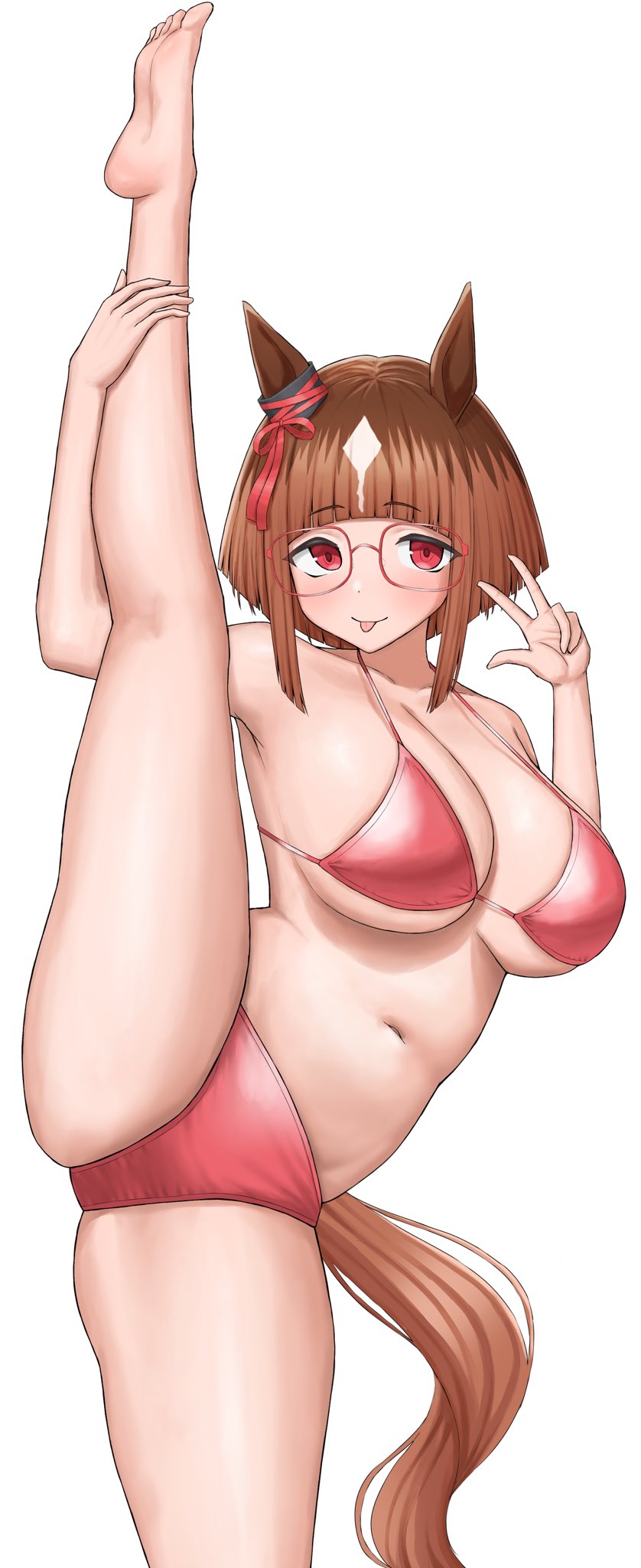 1girl :p alternate_costume bare_shoulders barefoot bikini breasts brown_hair cleavage ear_ornament highres horse_girl horse_tail large_breasts multicolored_hair navel plump red-framed_eyewear red_bikini red_eyes simple_background smile soles solo split standing standing_on_one_leg standing_split streaked_hair sukenoha swimsuit tail thighs tongue tongue_out transcend_(umamusume) umamusume w white_background white_hair