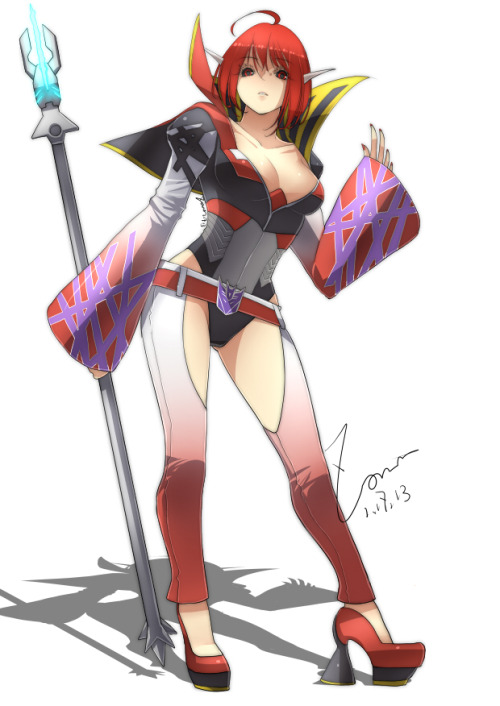 1girl breasts decepticon genderswap high_heels humanization knockout_(transformers) leotard medium_breasts nail_polish red_eyes red_hair short_cape short_hair simple_background solo staff transformers white_background zoner