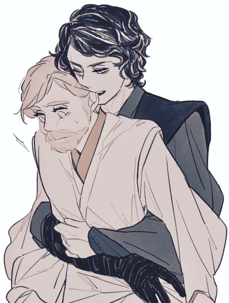 2boys anakin_skywalker beard biting black_gloves blonde_hair ear_biting facial_hair gloves hug hug_from_behind imumu_me master_and_padawan multiple_boys obi-wan_kenobi scar scar_across_eye simple_background single_glove star_wars star_wars:_revenge_of_the_sith white_background yaoi