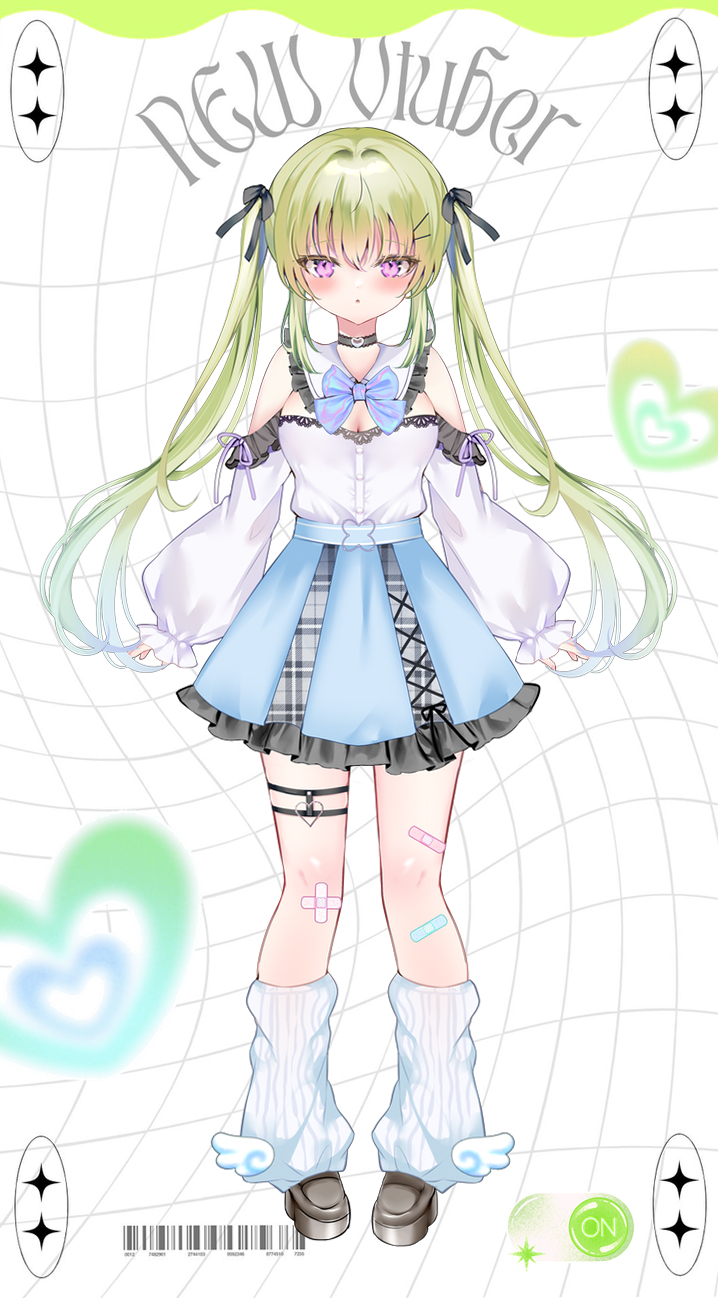 1girl :o bandaid bandaid_on_leg bare_shoulders black_bow black_choker blue_bow blue_skirt blush bow breasts choker cleavage commentary_request crossed_bandaids frilled_skirt frills green_hair grey_footwear grid_background hair_between_eyes hair_bow hair_ornament hairclip heart highres indie_virtual_youtuber loafers long_hair long_sleeves looking_at_viewer loose_socks masumi_richi medium_breasts parted_lips pon_(ponidrop) puffy_long_sleeves puffy_sleeves purple_eyes shirt shoes skirt sleeves_past_wrists socks solo twintails very_long_hair virtual_youtuber white_background white_shirt white_socks
