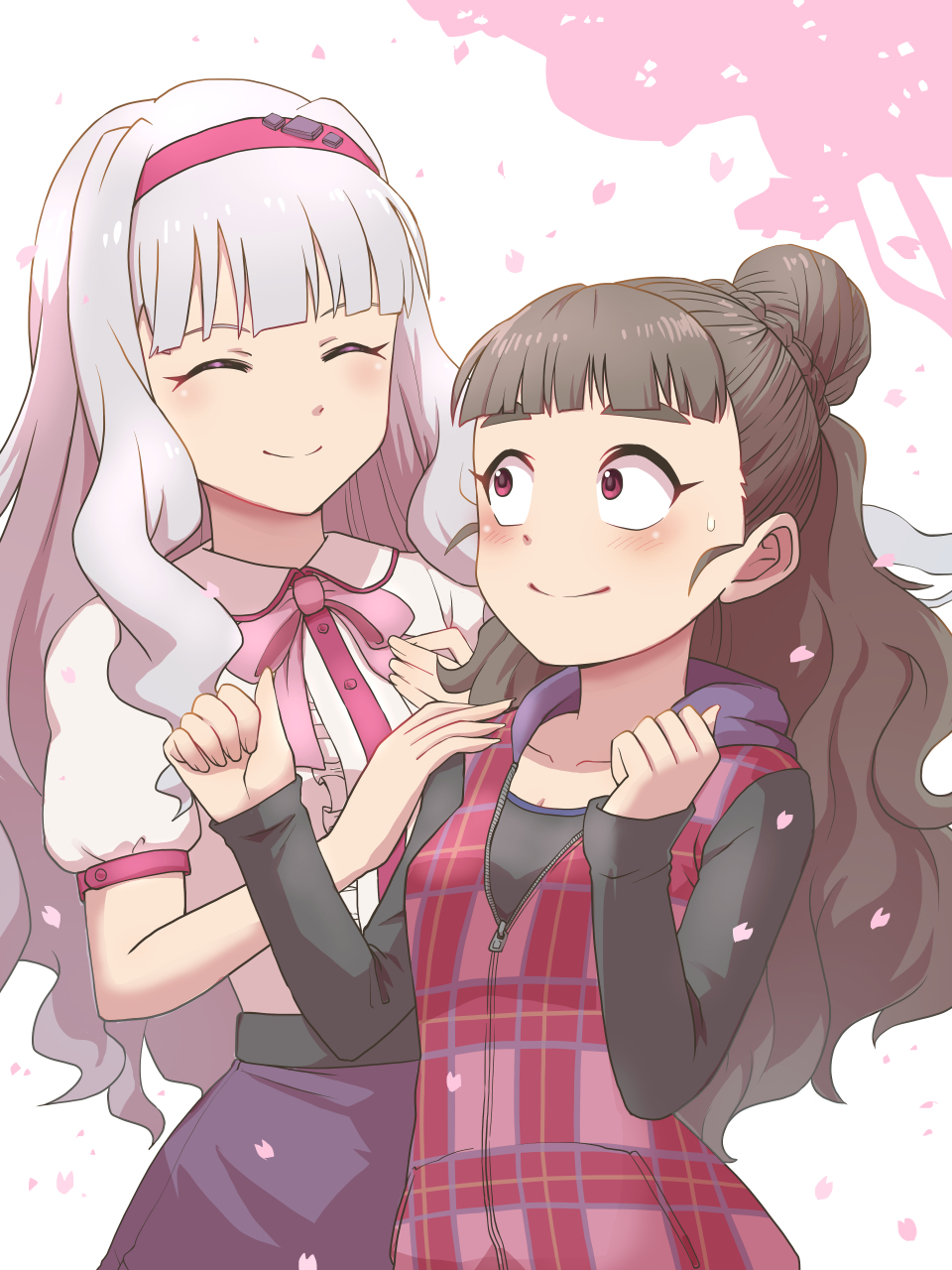 2girls black_shirt blunt_bangs blush bow bowtie breasts brown_hair cleavage clenched_hands closed_eyes closed_mouth collarbone cowboy_shot dress falling_petals grey_hair hair_bun hairband hand_on_another's_shoulder hands_up highres idolmaster idolmaster_(classic) idolmaster_cinderella_girls idolmaster_cinderella_girls_starlight_stage idolmaster_million_live! idolmaster_million_live!_theater_days kamiya_nao large_breasts long_hair long_sleeves looking_at_another mayamaxxxx medium_breasts multiple_girls petals pink_bow pink_bowtie plaid plaid_dress purple_skirt red_dress red_eyes red_hairband shijou_takane shirt short_sleeves silhouette single_hair_bun skirt smile standing sweatdrop thick_eyebrows tree white_shirt zipper zipper_pull_tab