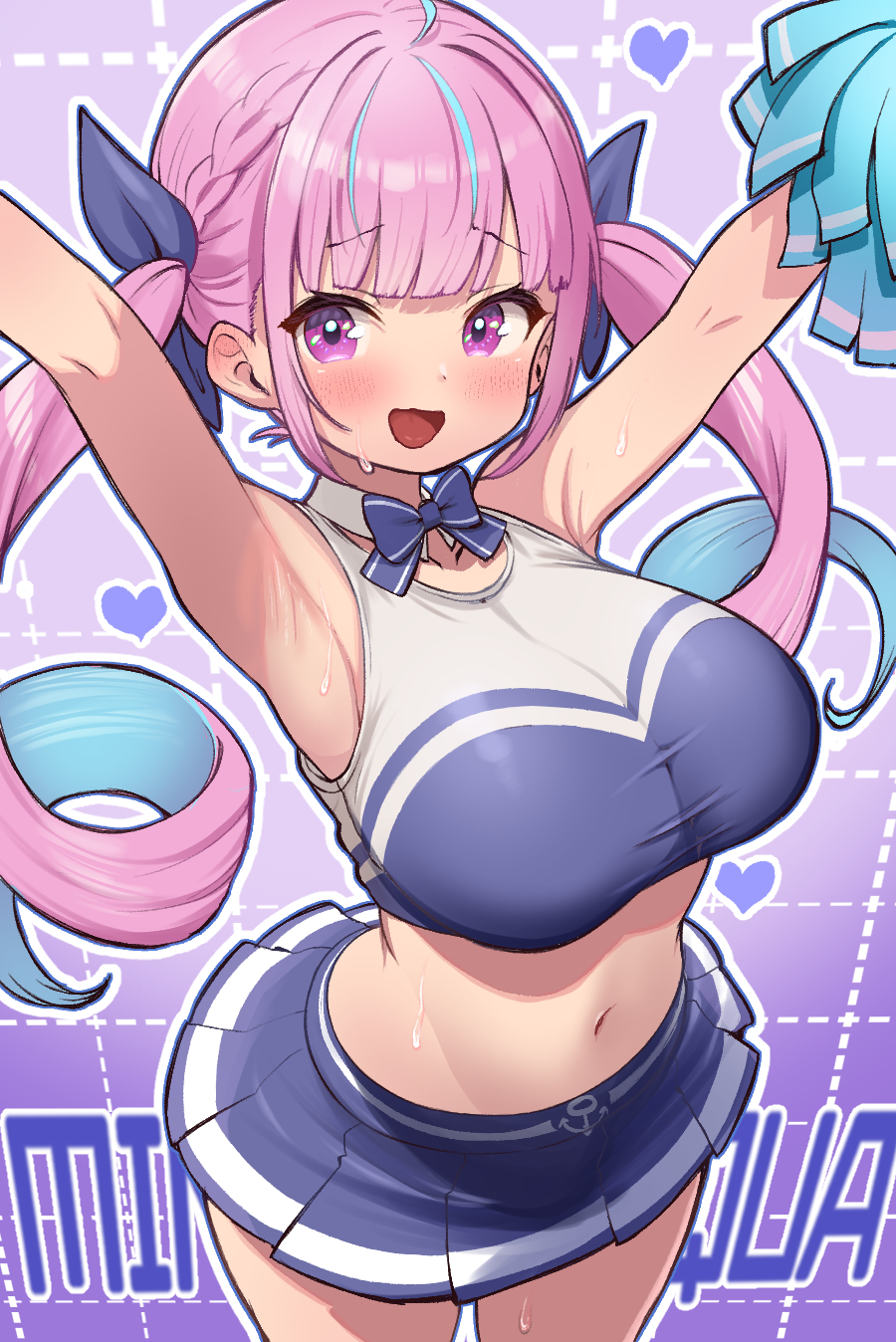 1girl alternate_costume armpits arms_up blue_bow blue_bowtie blue_hair blue_ribbon blue_sports_bra blunt_bangs blush bow bowtie braid breasts cheerleader crop_top drill_hair fanged_bangs french_braid highres hololive kani_bonara large_breasts looking_at_viewer midriff minato_aqua multicolored_hair navel open_mouth pleated_skirt pom_pom_(cheerleading) purple_eyes purple_hair ribbon skirt solo sports_bra streaked_hair sweat twin_braids twin_drills twintails two-tone_hair virtual_youtuber