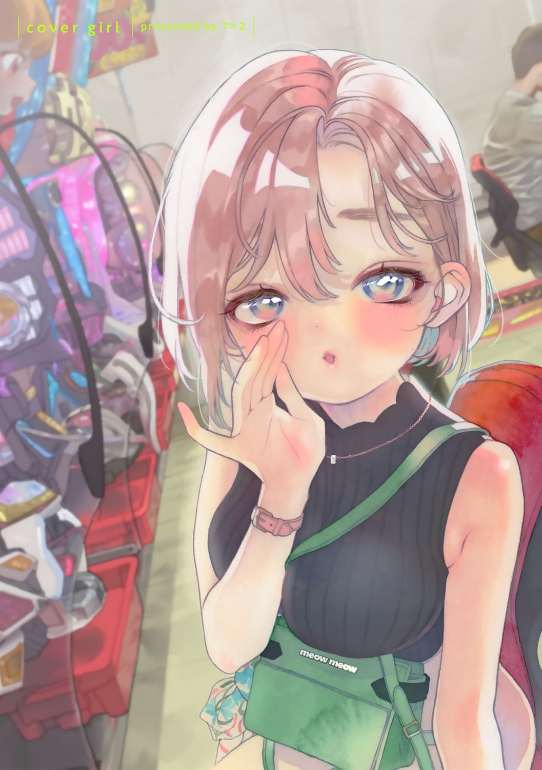 1boy 1girl arcade arcade_cabinet bag bare_shoulders between_breasts black_sweater blue_eyes breasts grey_hair highres indoors jewelry large_breasts looking_at_viewer nanakami_mana necklace non-web_source original painting_(medium) parted_lips short_hair sitting sleeveless sleeveless_sweater solo solo_focus strap_between_breasts sweater traditional_media watch watercolor_(medium) whispering wristwatch