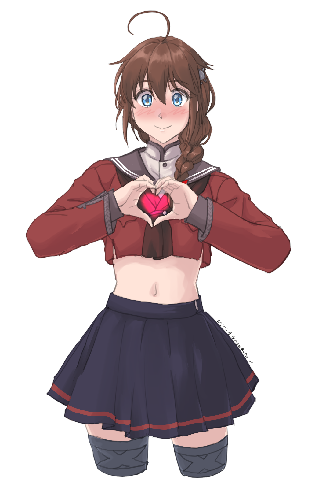 1girl ahoge black_skirt blue_eyes braid brown_hair commentary_request cowboy_shot crop_top cropped_legs dress grey_sailor_collar hair_flaps hair_ornament hair_over_shoulder heart heart_hands highres kantai_collection looking_at_viewer midriff navel pleated_skirt red_shirt remodel_(kantai_collection) sailor_collar sailor_dress shigure_(kantai_collection) shirt simple_background single_braid skirt solo sozan standing thighhighs white_background