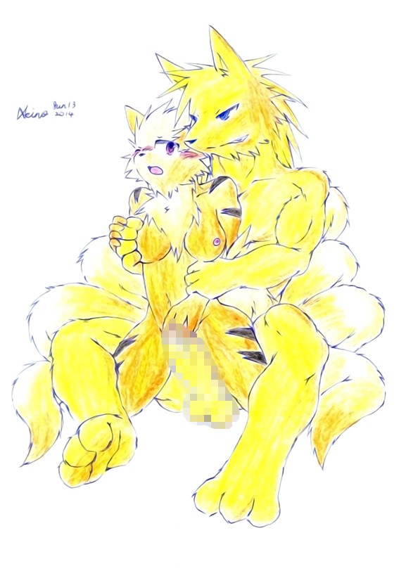 akino-kamihara anthro arcanine balls blush breast_grab breasts censored chair_position duo erection excited_for_sex excited_male female from_behind_position generation_1_pokemon genitals grabbing_arm hand_on_breast hand_on_glans husband_and_wife imminent_sex looking_back male male/female married_couple mosaic_censorship mr._komachi_(akino-kamihara) mrs._komachi_(akino-kamihara) muscular muscular_male ninetales nintendo nipples nude penis pokemon pokemon_(species) sex size_difference smile smirk spread_legs spreading traditional_media_(artwork)
