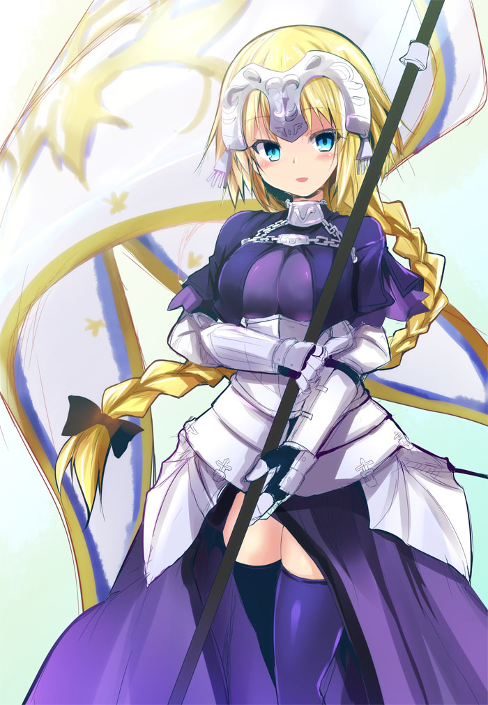 1girl armor armored_dress blonde_hair blue_eyes blush braid braided_ponytail breasts chain collar dress fate/apocrypha fate_(series) faulds flag gauntlets headpiece jeanne_d'arc_(fate) jeanne_d'arc_(ruler)_(fate) large_breasts long_hair looking_at_viewer metal_collar open_mouth plackart polearm purple_dress purple_thighhighs sen_(astronomy) smile solo thighhighs thighs very_long_hair weapon