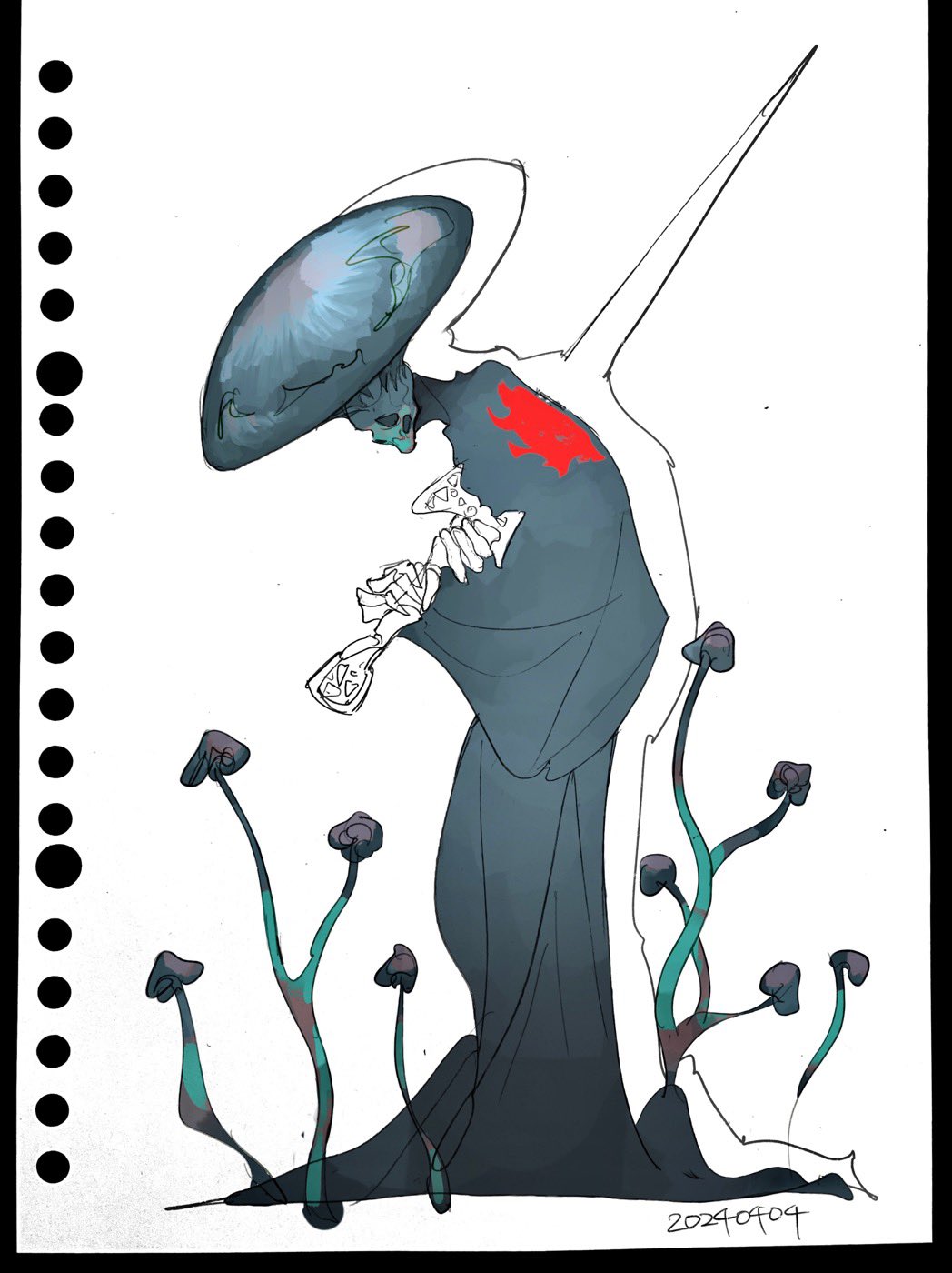 chernobog_(megami_tensei) dated eien12m highres impaled mushroom shin_megami_tensei simple_background skull stab standing traditional_media white_background