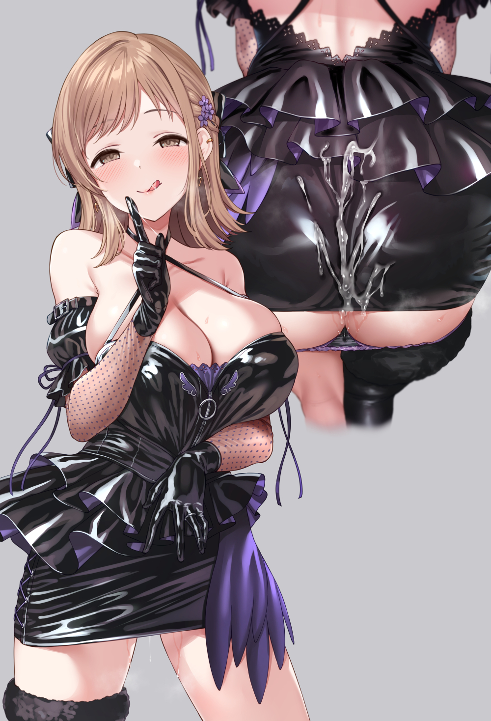1girl ass black_gloves black_panties black_skirt black_thighhighs blush breasts brown_hair character_request check_character closed_mouth commentary_request cum gloves grey_background hand_up highres idolmaster idolmaster_shiny_colors large_breasts multiple_boys panties sakuragi_mano satou_kuuki simple_background single_thighhigh skirt smile thighhighs tongue tongue_out underwear