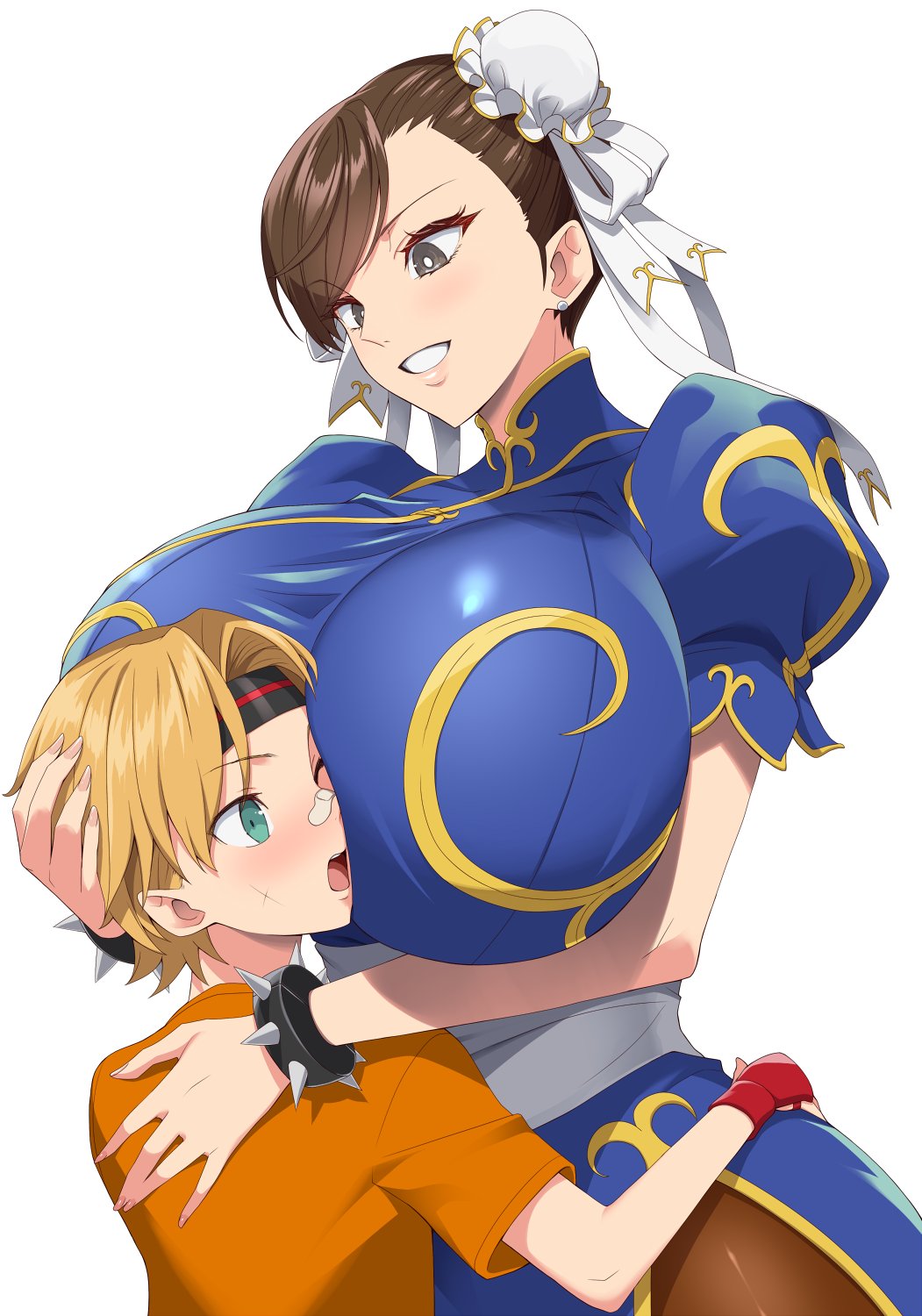 1boy 1girl age_difference aqua_eyes bandaid bandaid_on_face bandaid_on_nose black_headband blonde_hair blue_dress bracelet breasts bright_pupils brown_hair bun_cover china_dress chinese_clothes chun-li commission dress earrings gloves grey_eyes hair_bun hair_ribbon hand_on_another's_back hand_on_another's_head headband height_difference highres hug huge_breasts jewelry kloah mel_masters one_eye_closed onee-shota open_mouth orange_shirt pantyhose puffy_short_sleeves puffy_sleeves red_gloves ribbon sash scar scar_on_cheek scar_on_face shirt short_hair short_sleeves smile spiked_bracelet spikes street_fighter street_fighter_ii_(series) swept_bangs white_pupils white_ribbon white_sash