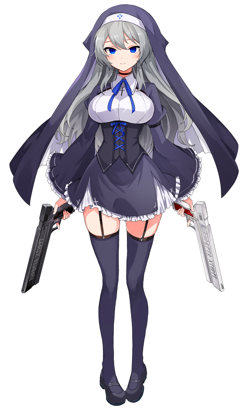1girl black_footwear black_skirt black_thighhighs blue_eyes blue_ribbon breasts closed_mouth commentary_request commission dual_wielding frilled_skirt frilled_sleeves frills full_body garter_straps grey_hair gun habit hair_between_eyes highres holding holding_gun holding_weapon juliet_sleeves kel-tec_p50 long_hair long_sleeves looking_at_viewer medium_breasts neck_ribbon nun original pigeon-toed puffy_sleeves ribbon runes shirt shoes shrug_(clothing) simple_background skeb_commission skirt smile solo standing thighhighs tori_(10ri) translation_request underboob very_long_hair weapon white_background white_shirt wide_sleeves