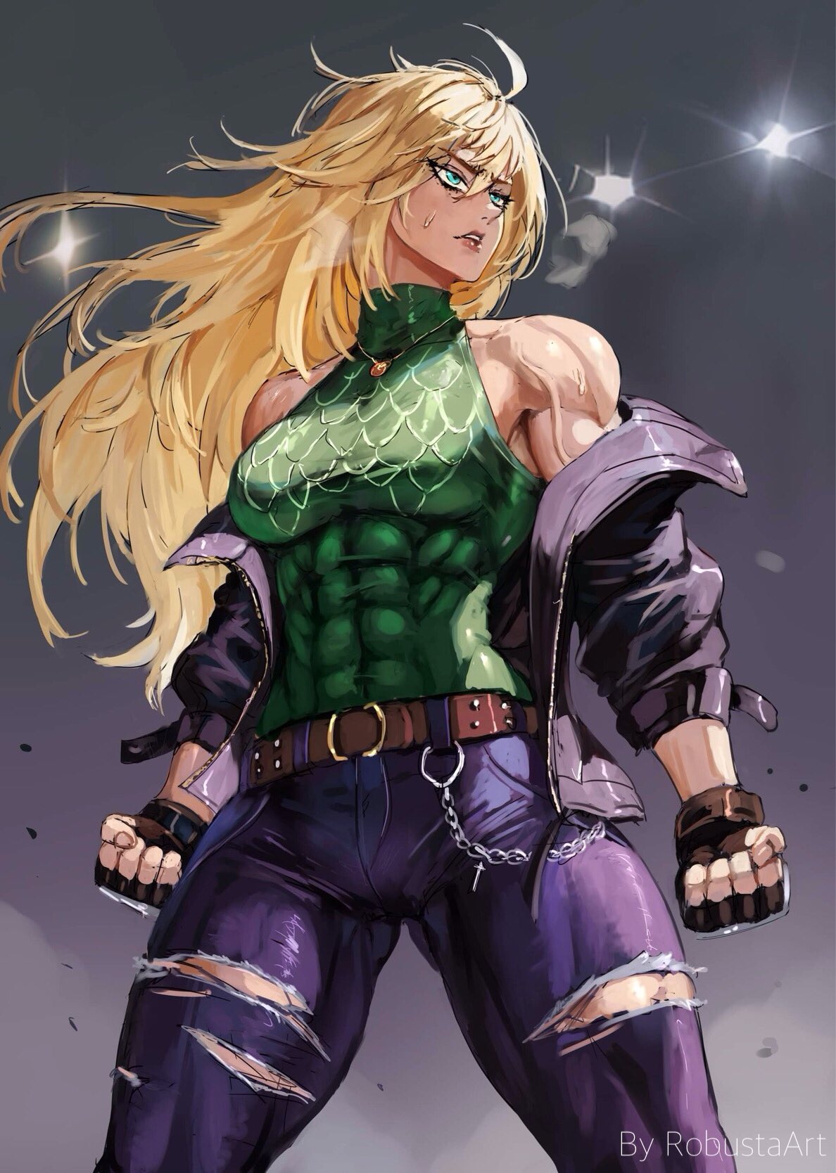 1girl abs alternate_costume antenna_hair belt blonde_hair blue_eyes chain clenched_hands crop_top fingerless_gloves gloves halterneck highres jacket jewelry lights long_hair muscular muscular_female necklace open_clothes open_jacket original pants robusta_mania signature solo sweat torn_clothes torn_pants veins veiny_arms