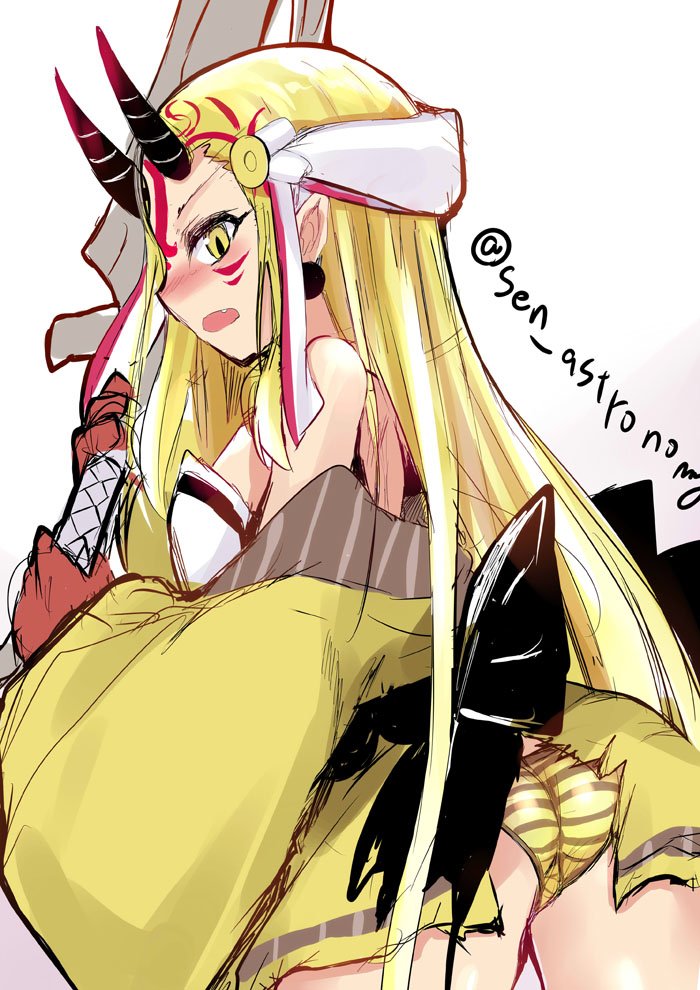 1girl ass bare_shoulders blonde_hair blush breasts facial_mark fate/grand_order fate_(series) forehead forehead_mark hair_pulled_back horns ibaraki_douji_(fate) japanese_clothes kimono long_hair long_sleeves looking_at_viewer looking_back off_shoulder oni panties pointy_ears sash sen_(astronomy) small_breasts solo sword tattoo underwear weapon wide_sleeves yellow_eyes yellow_kimono yellow_panties