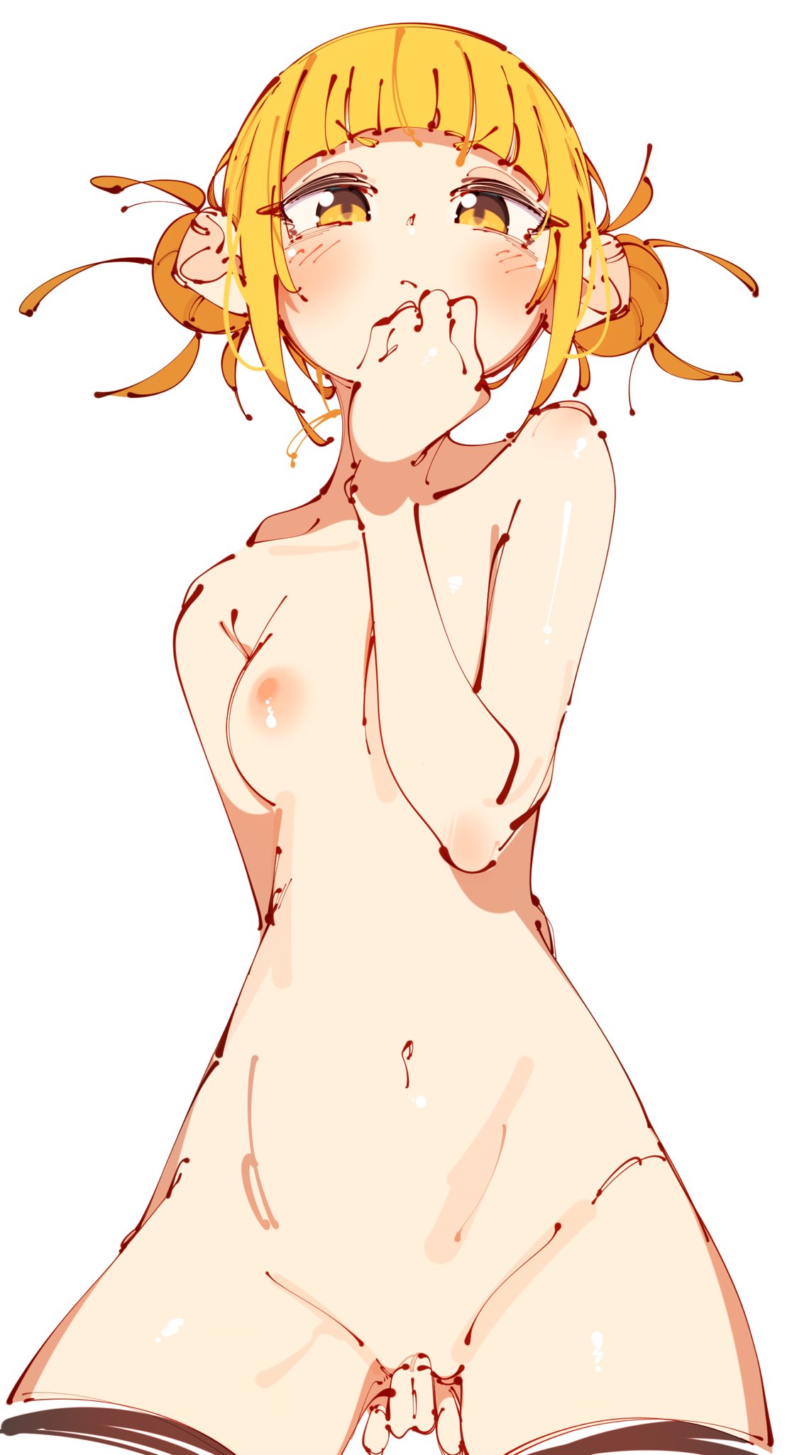 blonde_hair blush boku_no_hero_academia breasts completely_nude double_bun fingering hair_bun hand_on_own_face highres looking_at_viewer navel nipples nude rasusurasu toga_himiko white_background