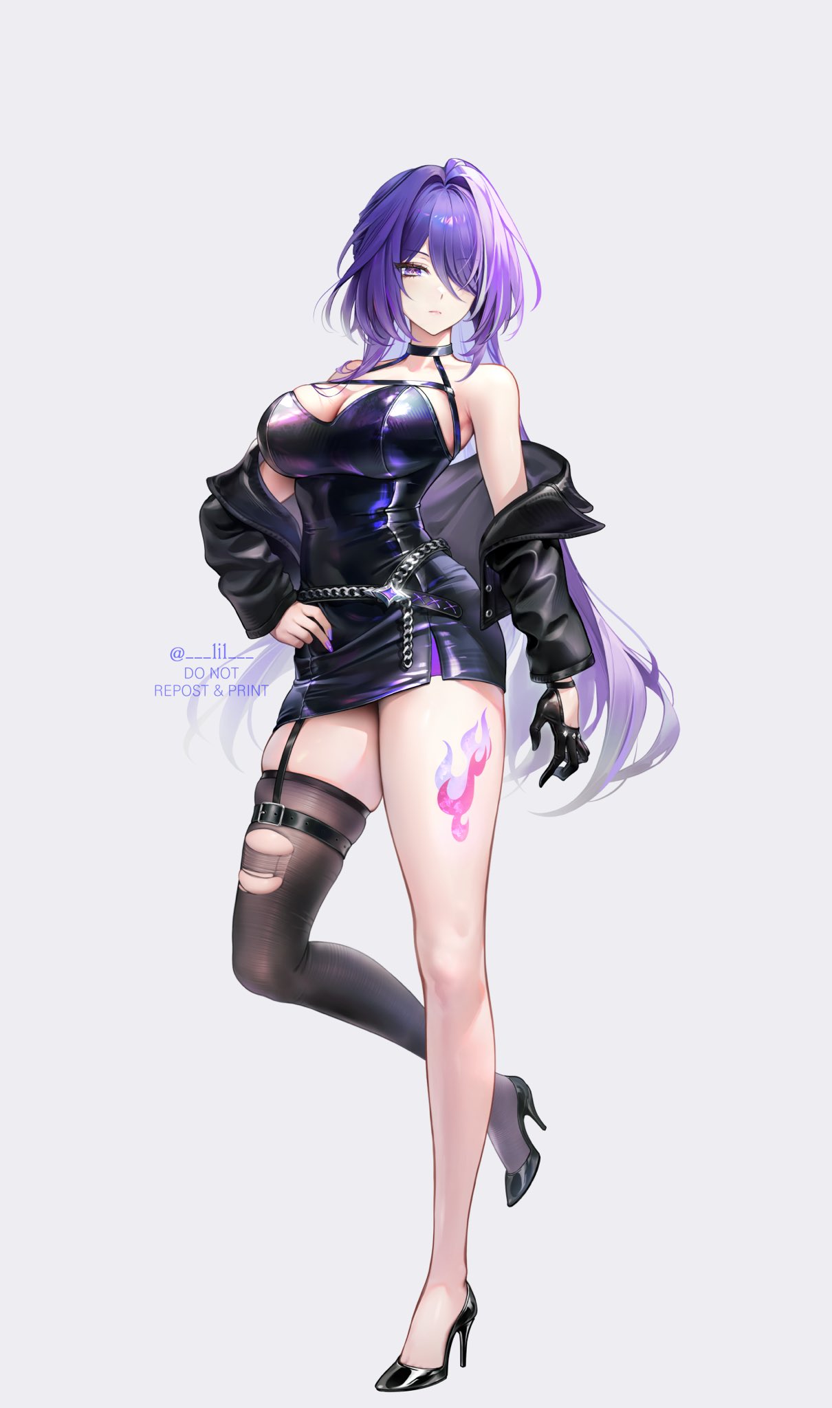 1girl 1i1 acheron_(honkai:_star_rail) alternate_costume bare_shoulders belt black_belt black_choker black_footwear black_gloves black_jacket black_thighhighs breasts chest_harness choker cleavage commentary dress full_body garter_straps gloves grey_background harness high_heels highres honkai:_star_rail honkai_(series) jacket large_breasts leg_tattoo long_hair long_sleeves looking_at_viewer nail_polish off_shoulder pencil_dress purple_eyes purple_hair purple_nails short_dress simple_background single_glove skindentation solo standing standing_on_one_leg strapless strapless_dress tattoo thigh_strap thighhighs thighs very_long_hair